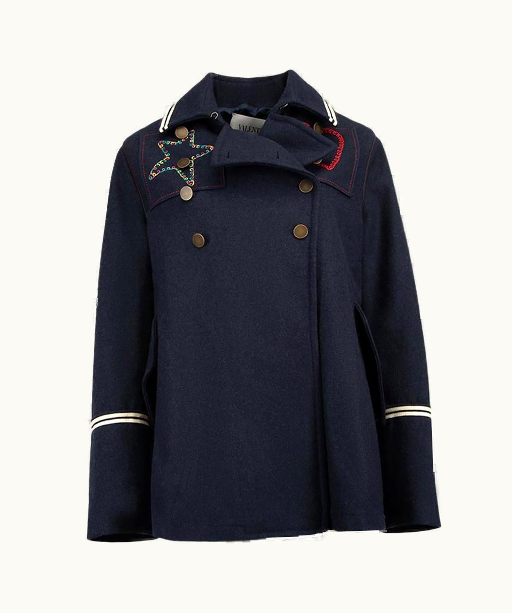 Valentino Valentino Spa Women' Navy Wool Embroidered Icons Peacoat