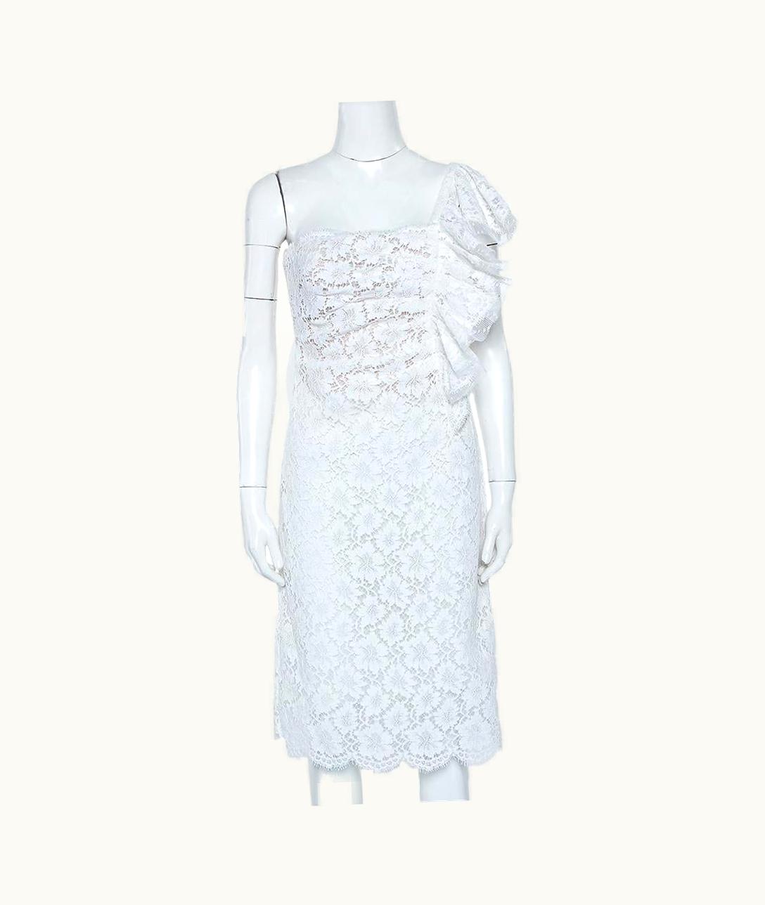 Valentino Valentino White Lace Ruffle Detail One Shoulder Midi Dress