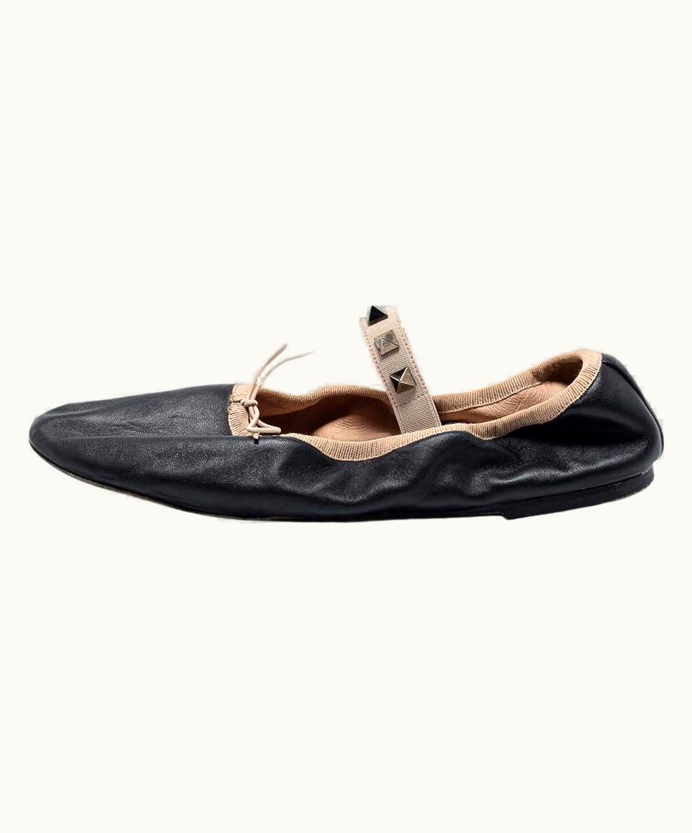Valentino Valentino Black Leather Rockstud Bow Scrunch Ballet Flats