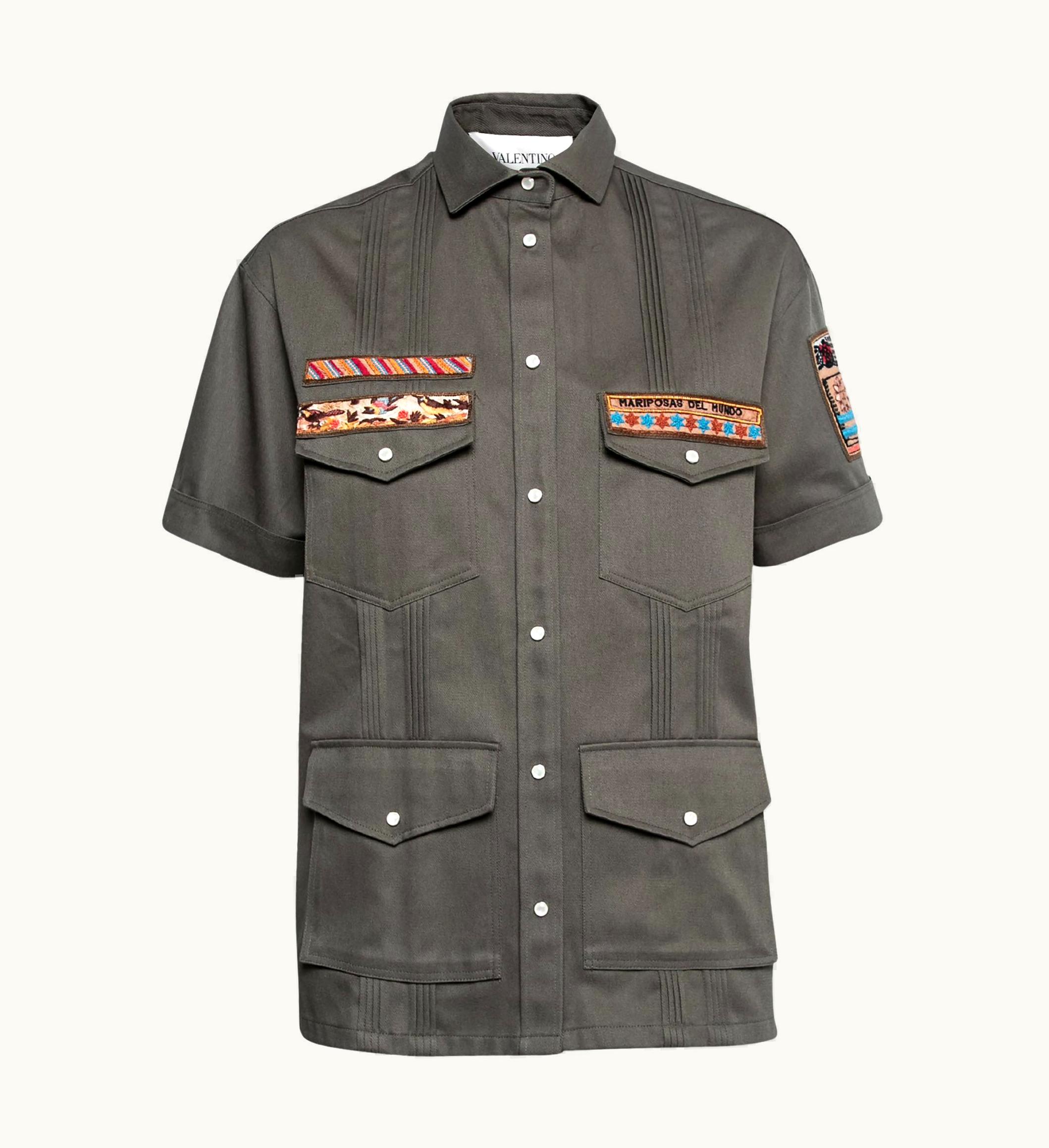 Valentino Valentino Olive Green Cotton Patch Detail Button Front Shirt
