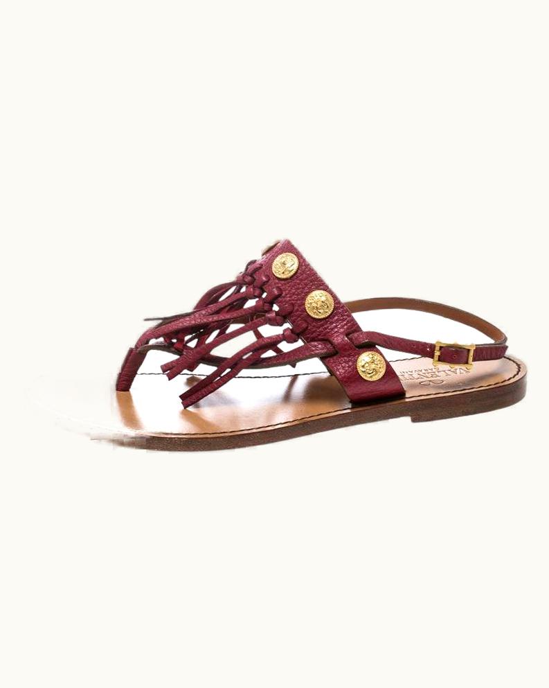 Valentino Valentino Maroon Leather Fringed Coin Detail Thong Sandals