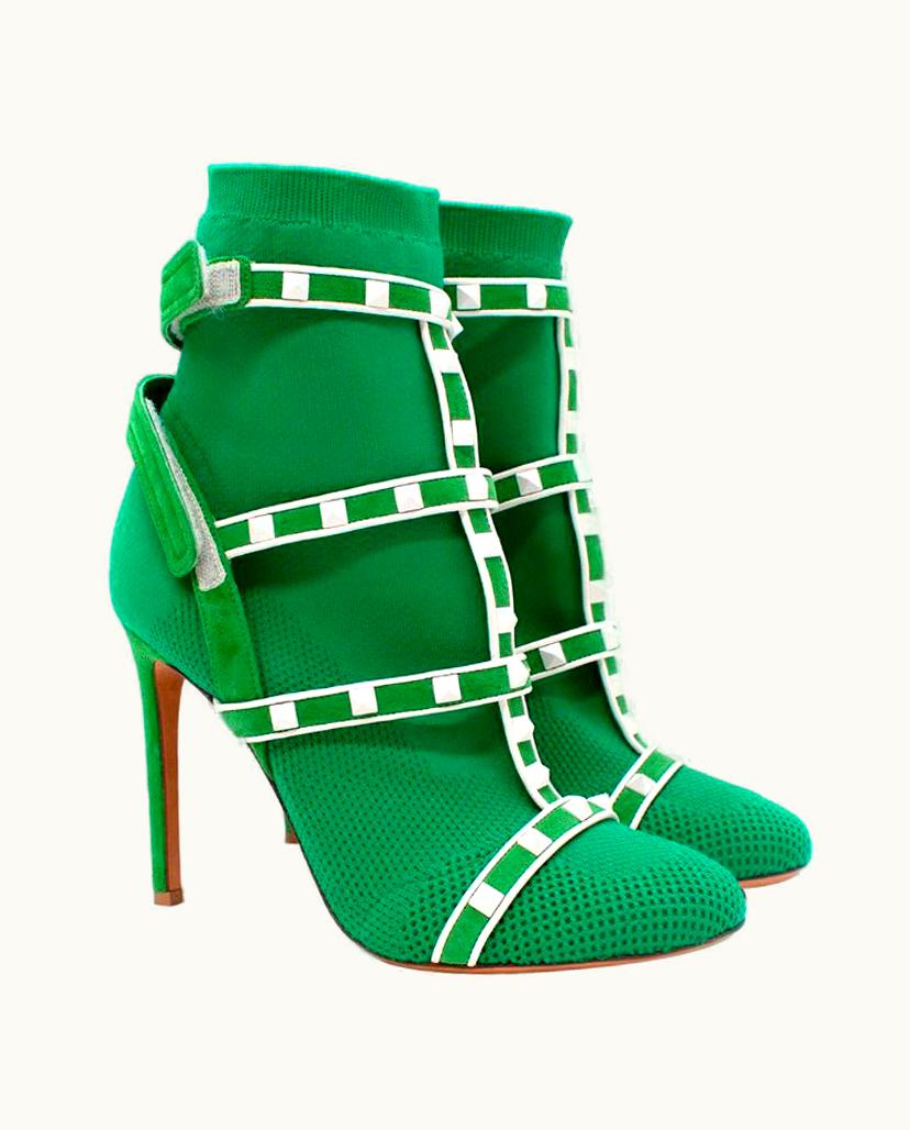 Valentino Valentino Vltn White Rockstud Green Sock Heeled Boots -