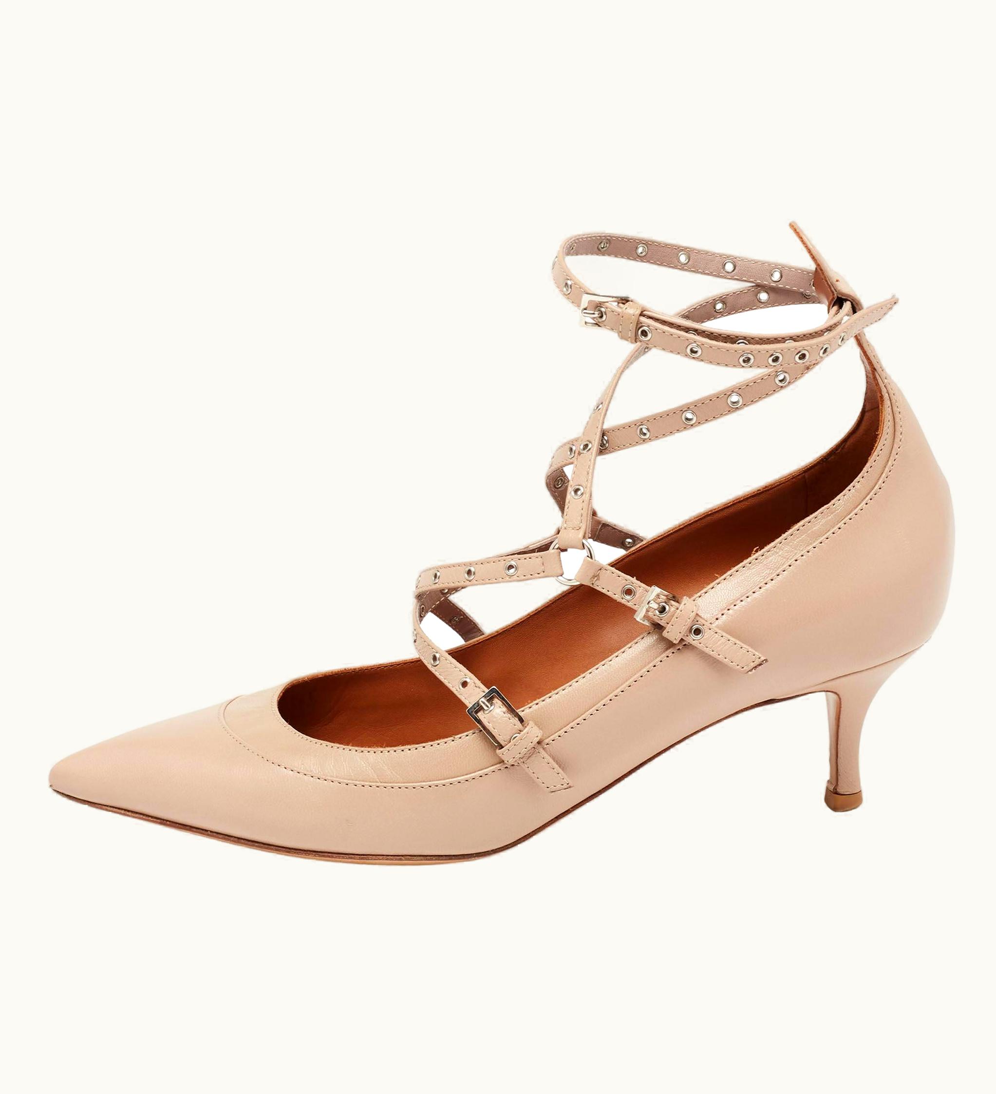 Valentino Valentino Beige Leather Eyelet Detail Love Latch Pumps