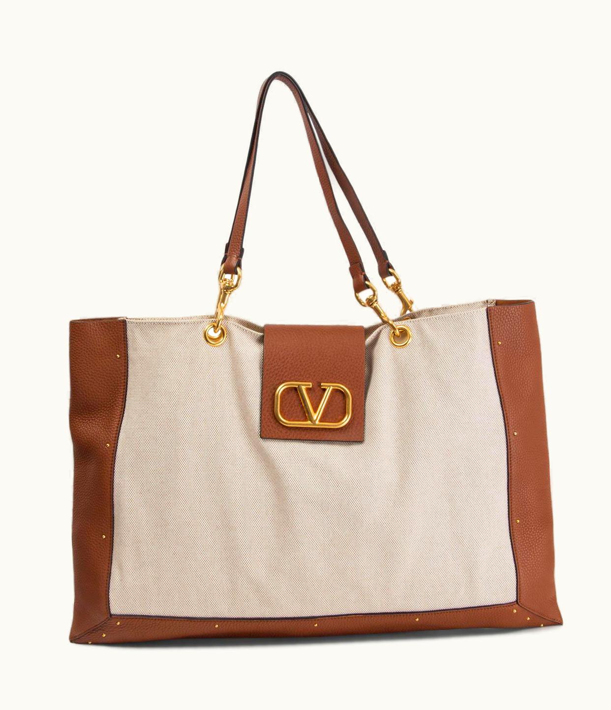 Valentino Valentino Ivory & Brown Leather Trimmed City Safari Tote Bag Vlogo