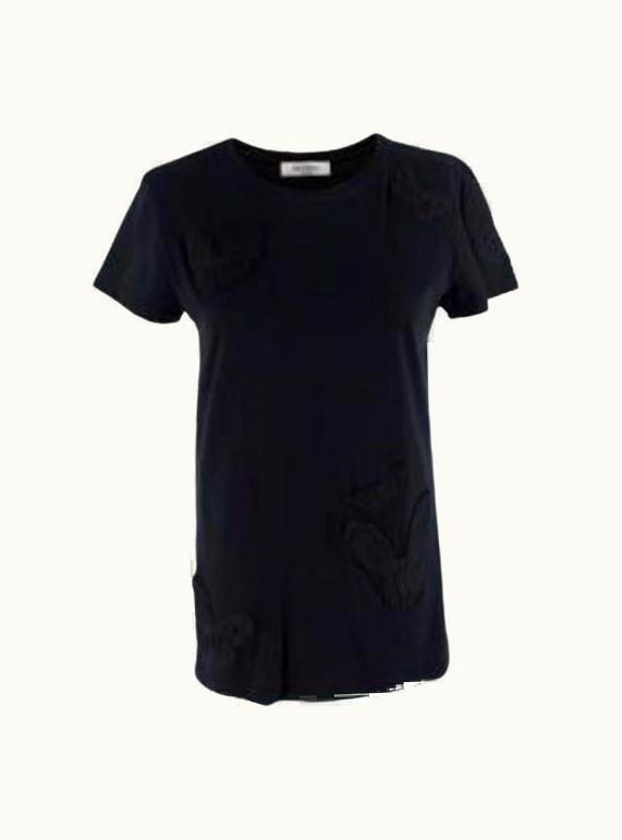 Valentino Valentino Black Beaded Butterfly Applique Cotton Jersey T-Shirt