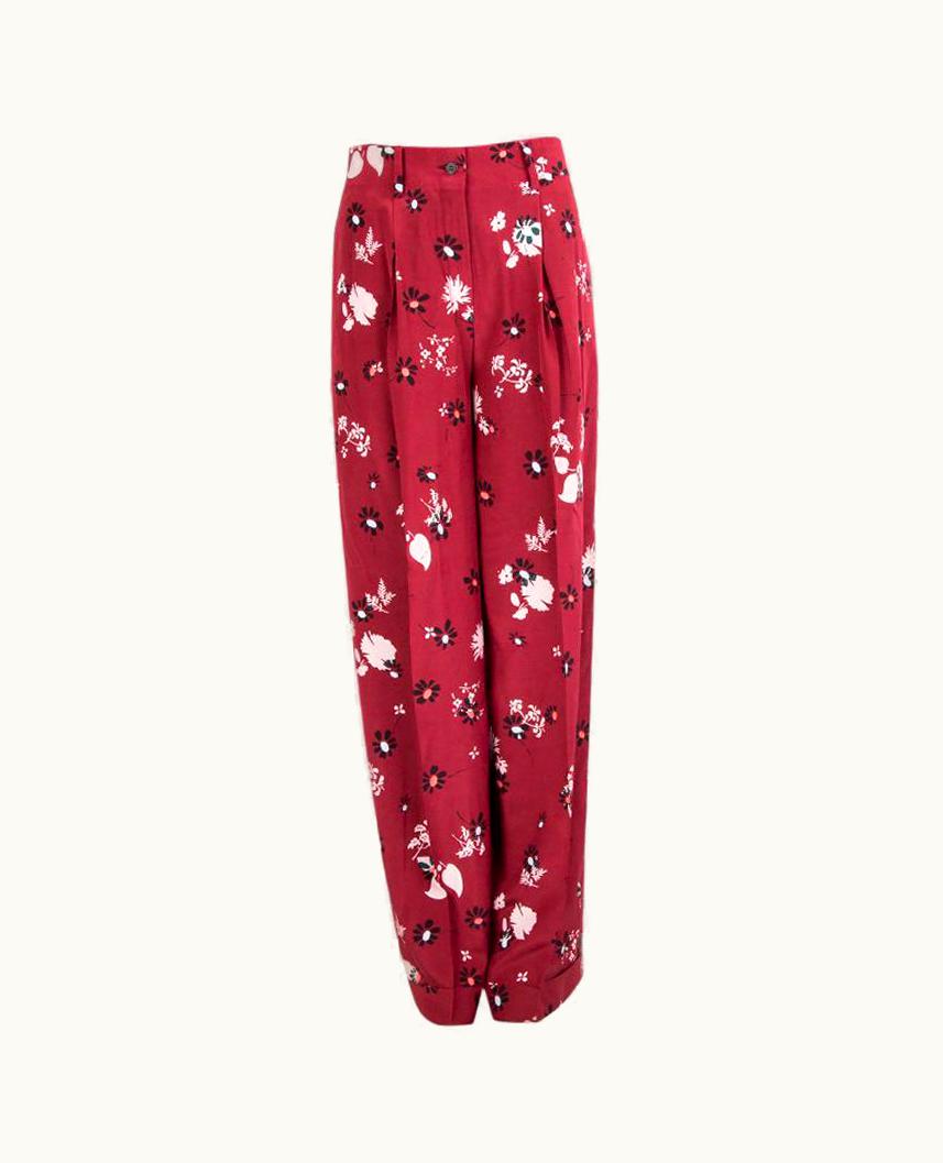 Valentino Valentino Burgundy Silk Floral Pleate Wide Leg Pants