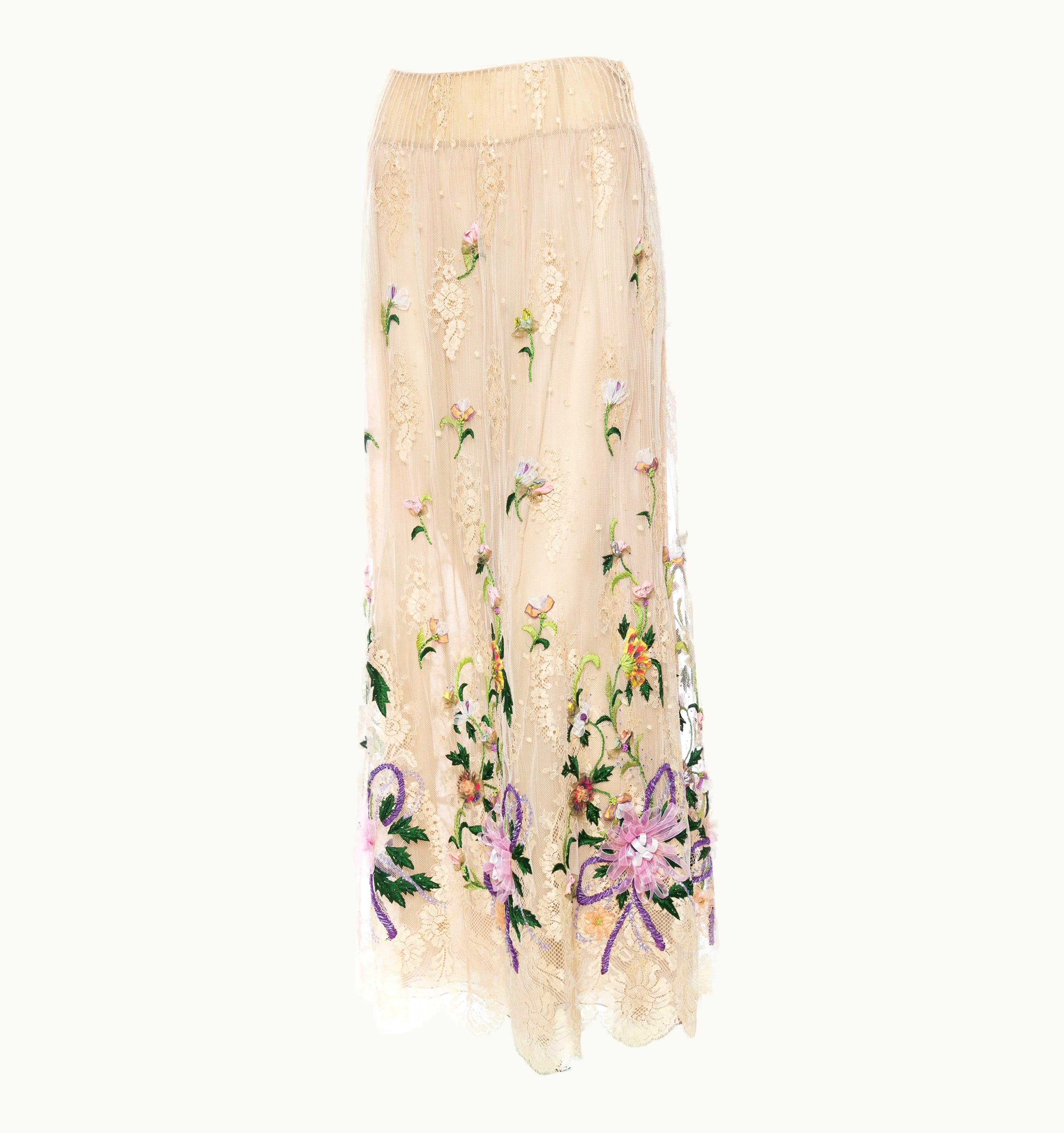 Valentino 2000s Valentino Ecru Silk & Lace Skirt With Hand Embroidery And Ribbonwork