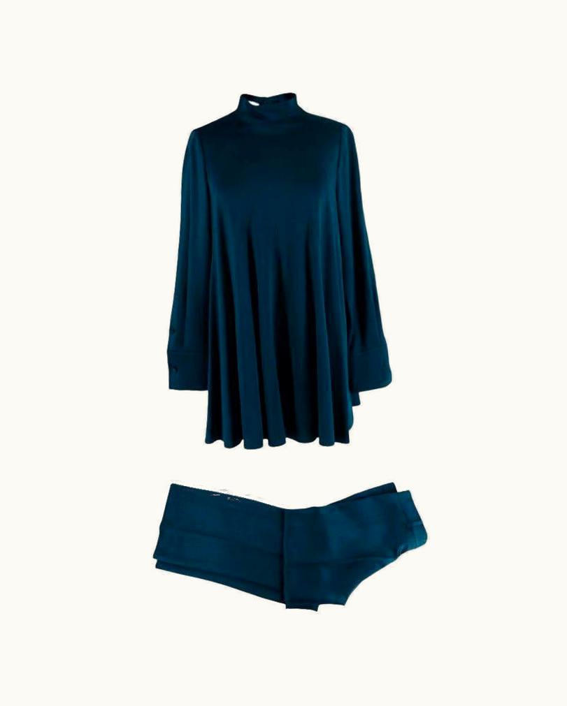 Valentino Valentino Petrol Blue Hammered Satin-Crepe Mock Neck Top & Trousers