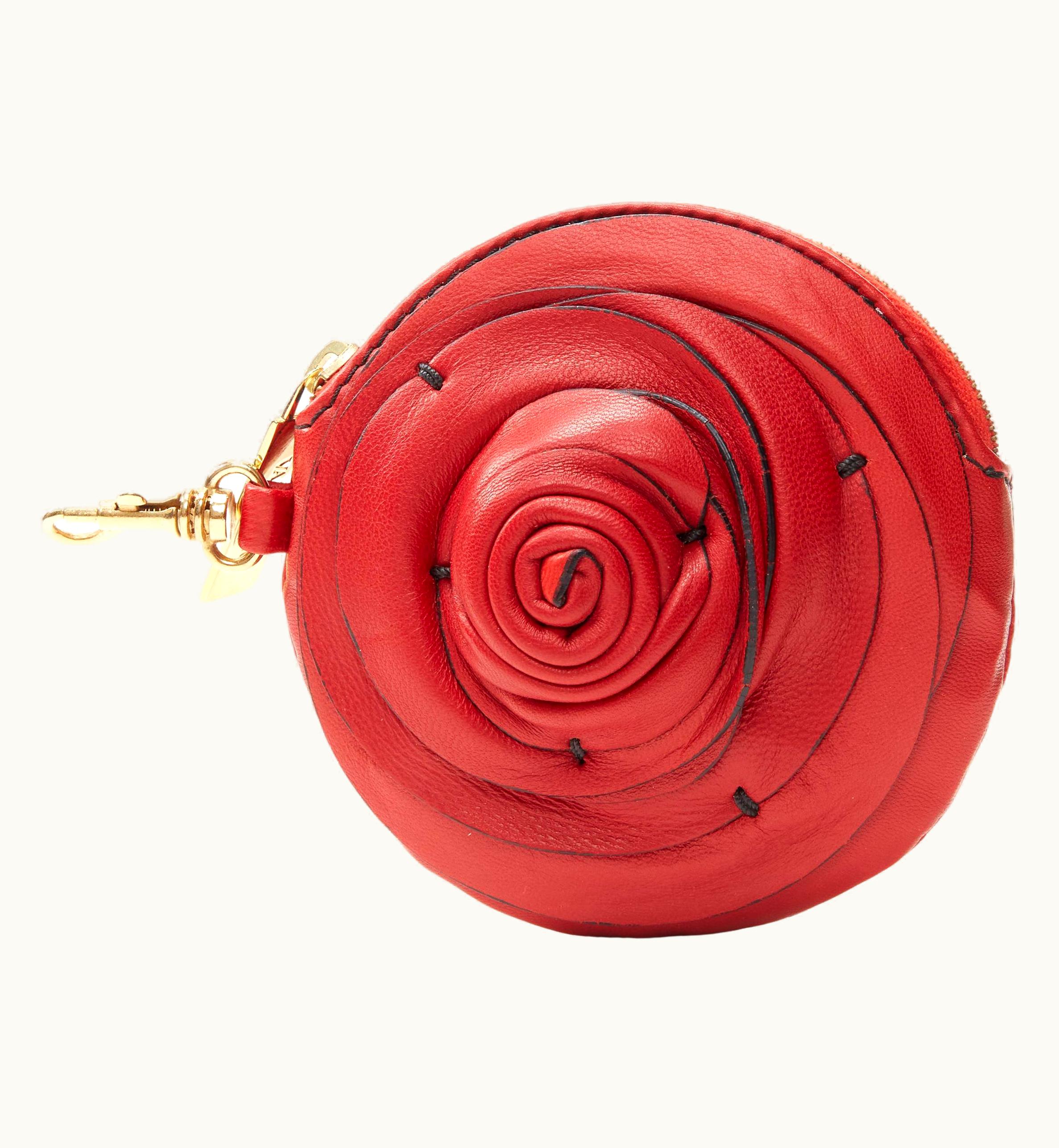 Valentino Valentino Red Leather Rose Petal Gold Zip Coin Purse Bag Charm
