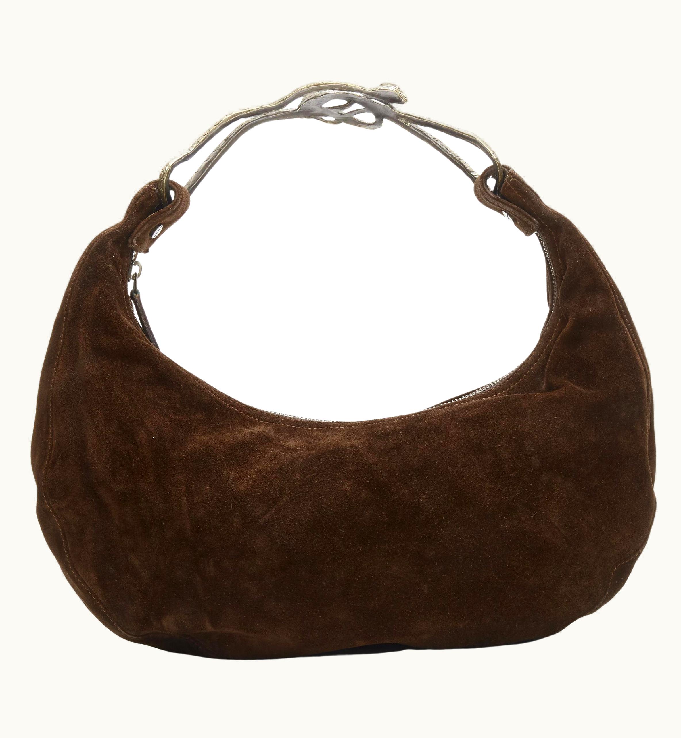 Valentino Valentino Vintage Y2k Brown Suede Double Serpent Metal Handle Hobo Bag