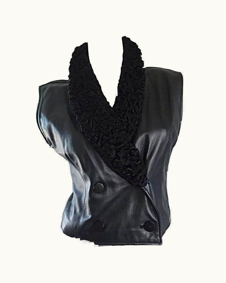 Valentino Vintage Valentino Black Leather Double Breasted Vest WS/S Persian Lamb Collar
