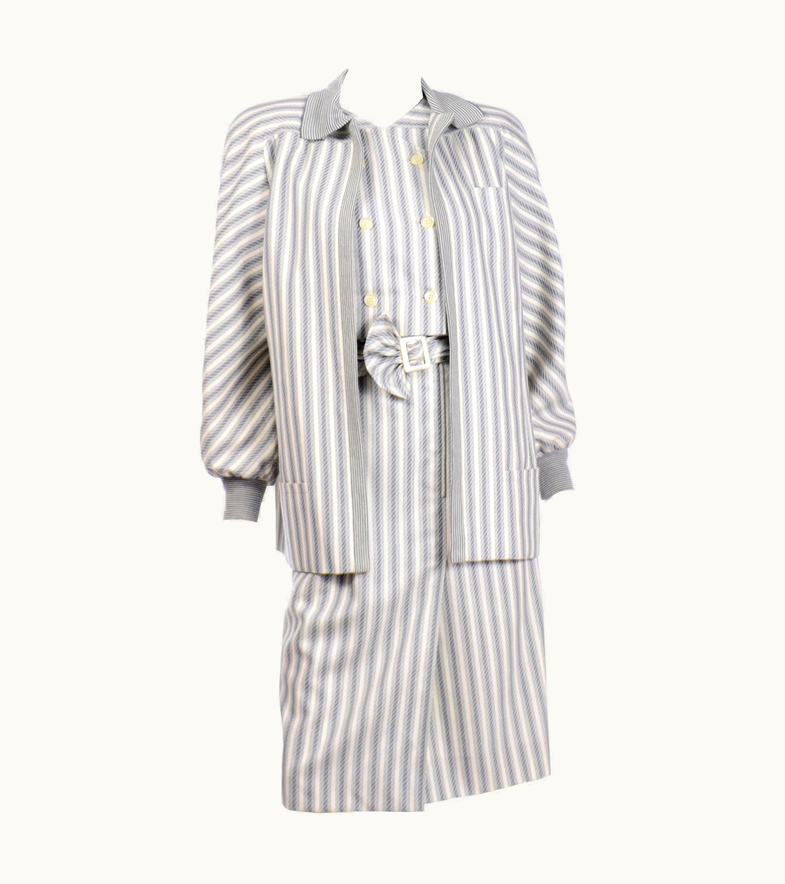 Valentino Vintage Valentino Dress & Jacket Ensemble WS/S Belt In Gray Abstract Stripes