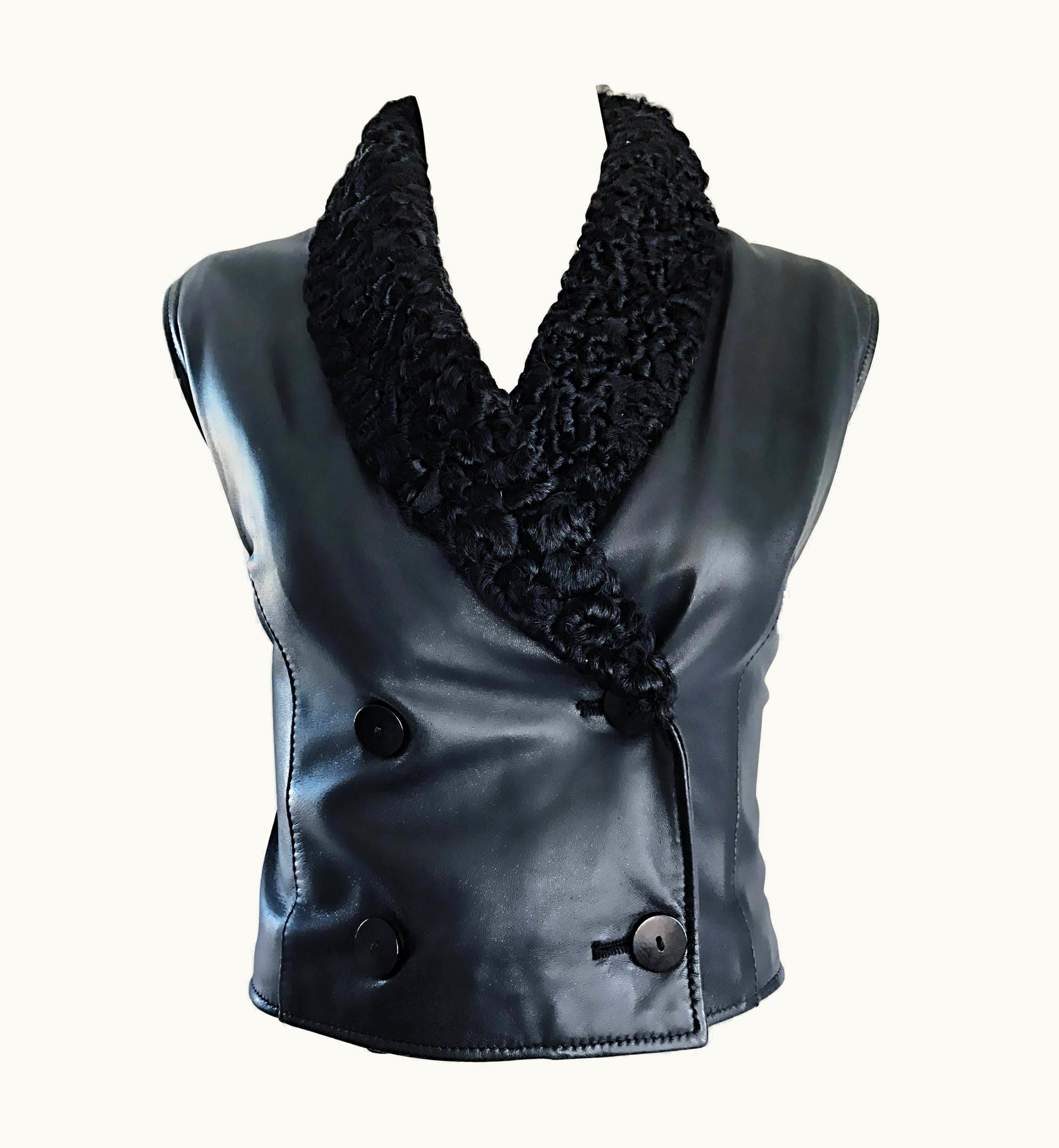 Valentino Valentino Vintage Black Leather + Persian Lamb Fur Double Breasted 1980s Vest