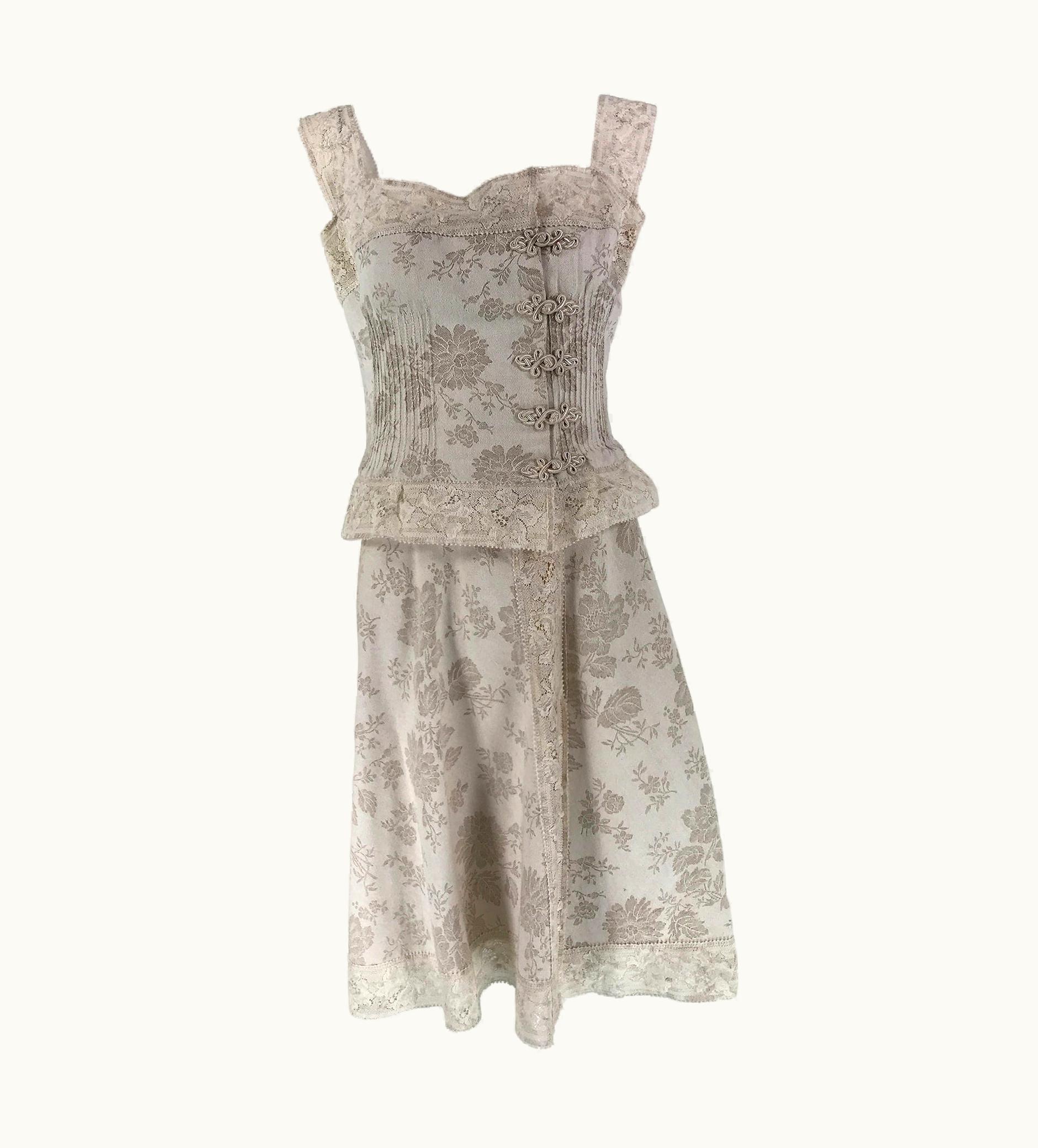 Valentino Valentino Boutique Ivory Floral Damask Linen & Lace Camisole Top & Skirt 1980s