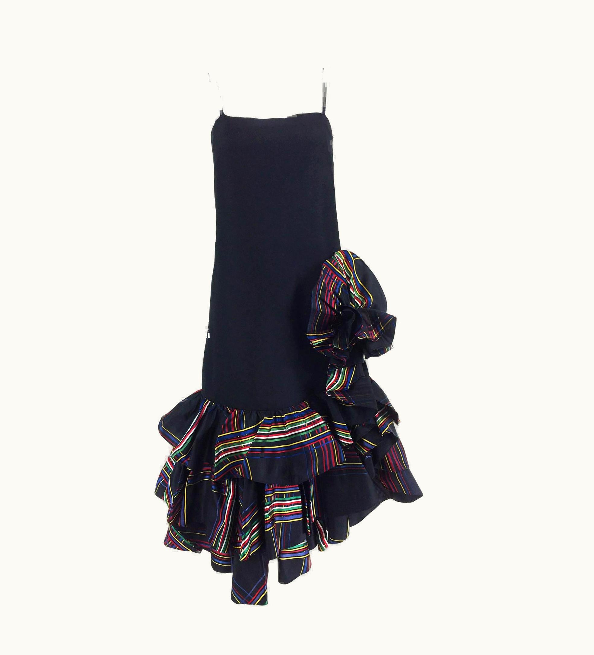 Valentino Valentino Black Silk Taffeta Cocktail Dress With Tiered Ruffle Hem 1980s