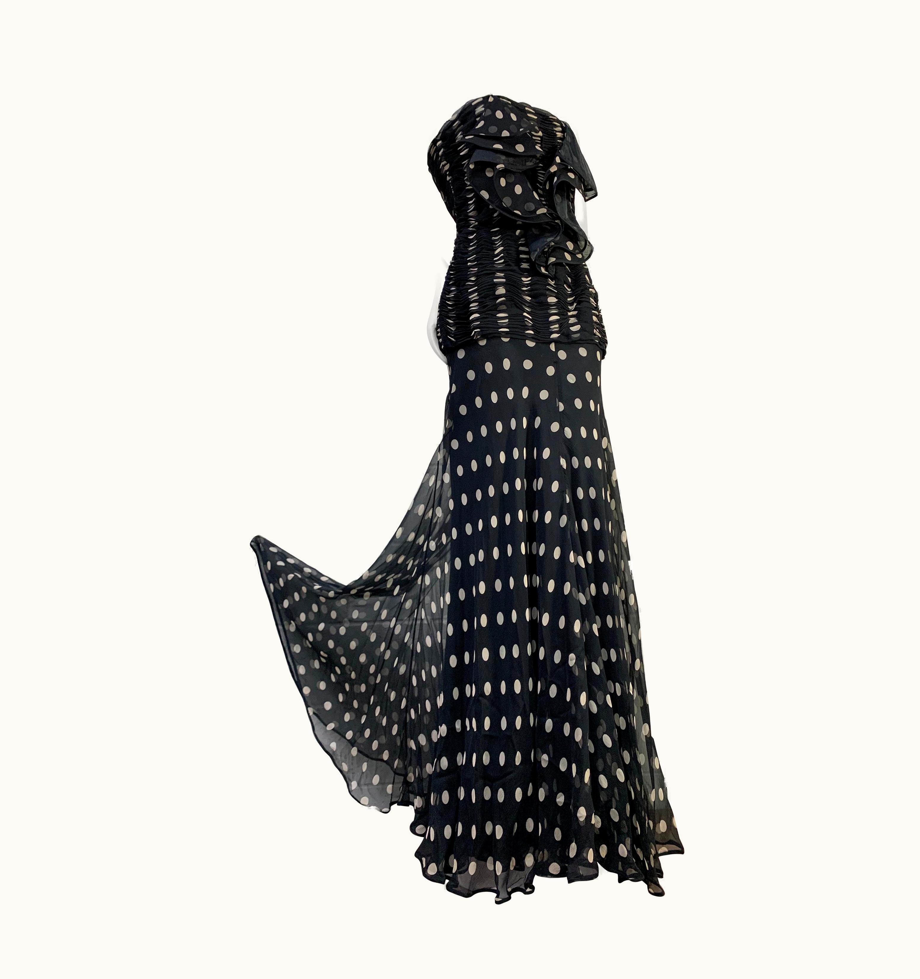 Valentino 1980s Valentino Black & White Polka Dot Silk Chiffon Gown W Fishtail Train