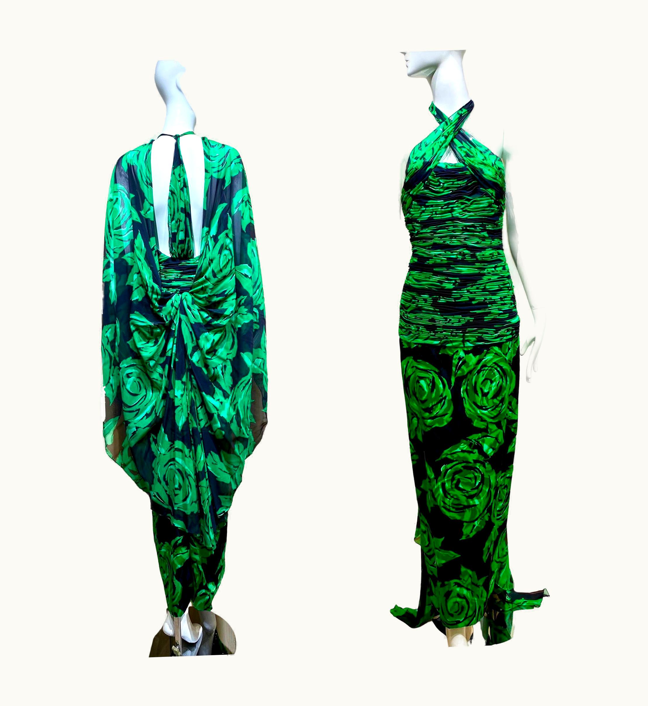 Valentino 90s Valentino Green And Black Silk Chiffon Halter Dress With Detachable Cape