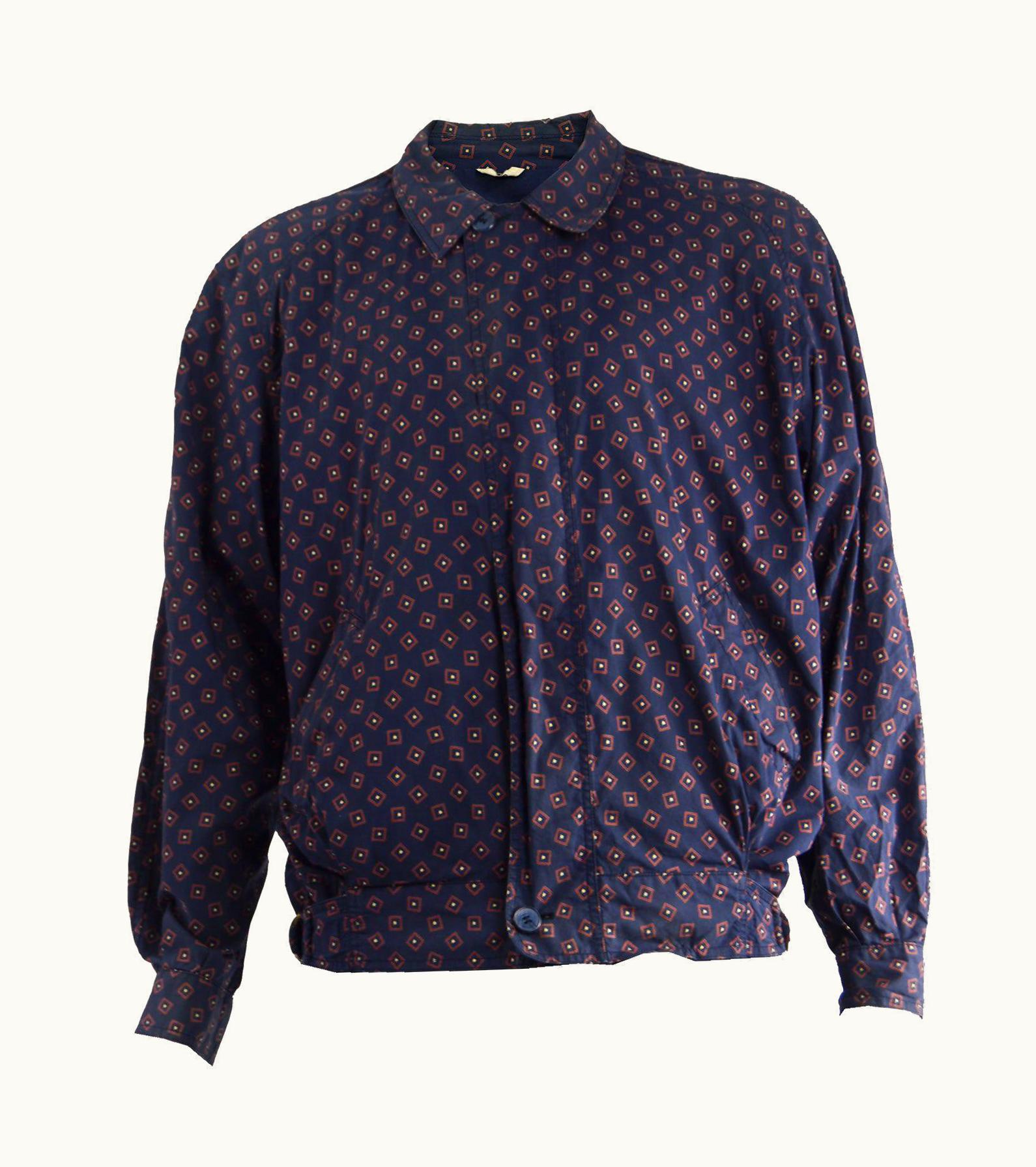 Valentino Valentino Vintage Men' Navy Blue & Red Cotton Printed Blouson Jacket, 1980s