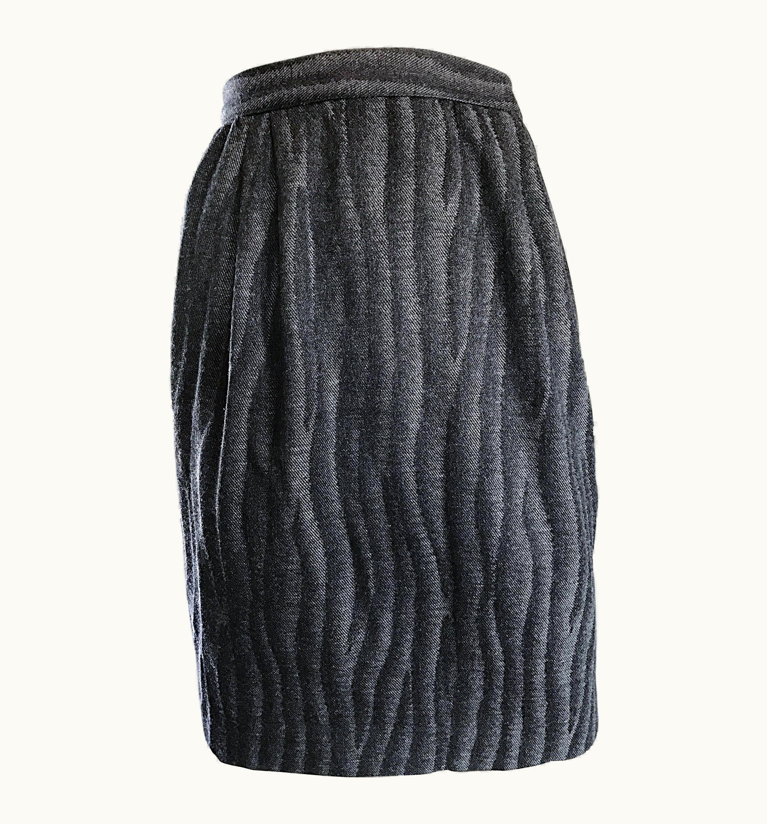 Valentino Vintage Valentino 1980s Optical Illusion Gray + Black High Waisted Pencil Skirt