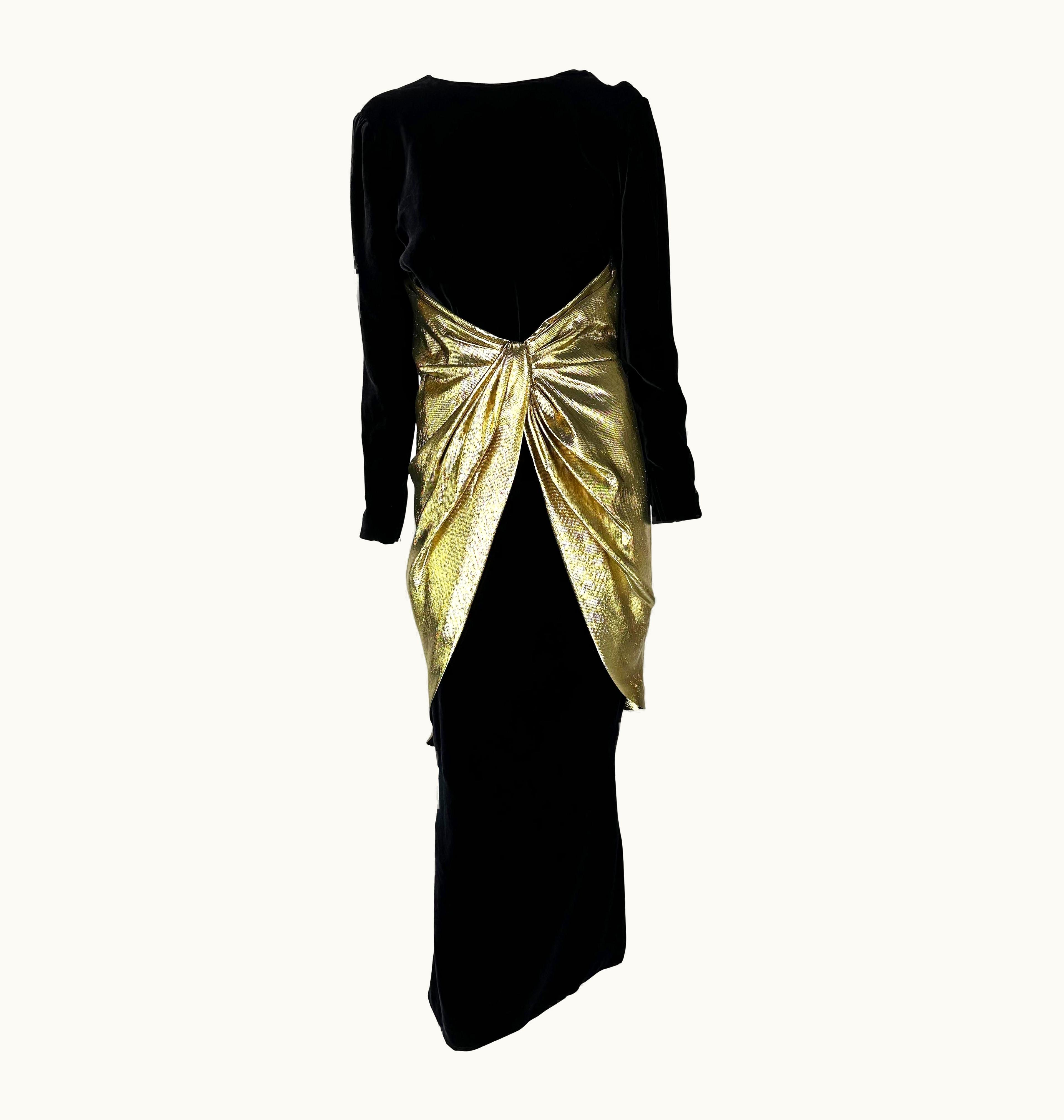 Valentino 1980s Valentino Garavani Gold Lamé Faux Wrap Black Velvet Evening Gown