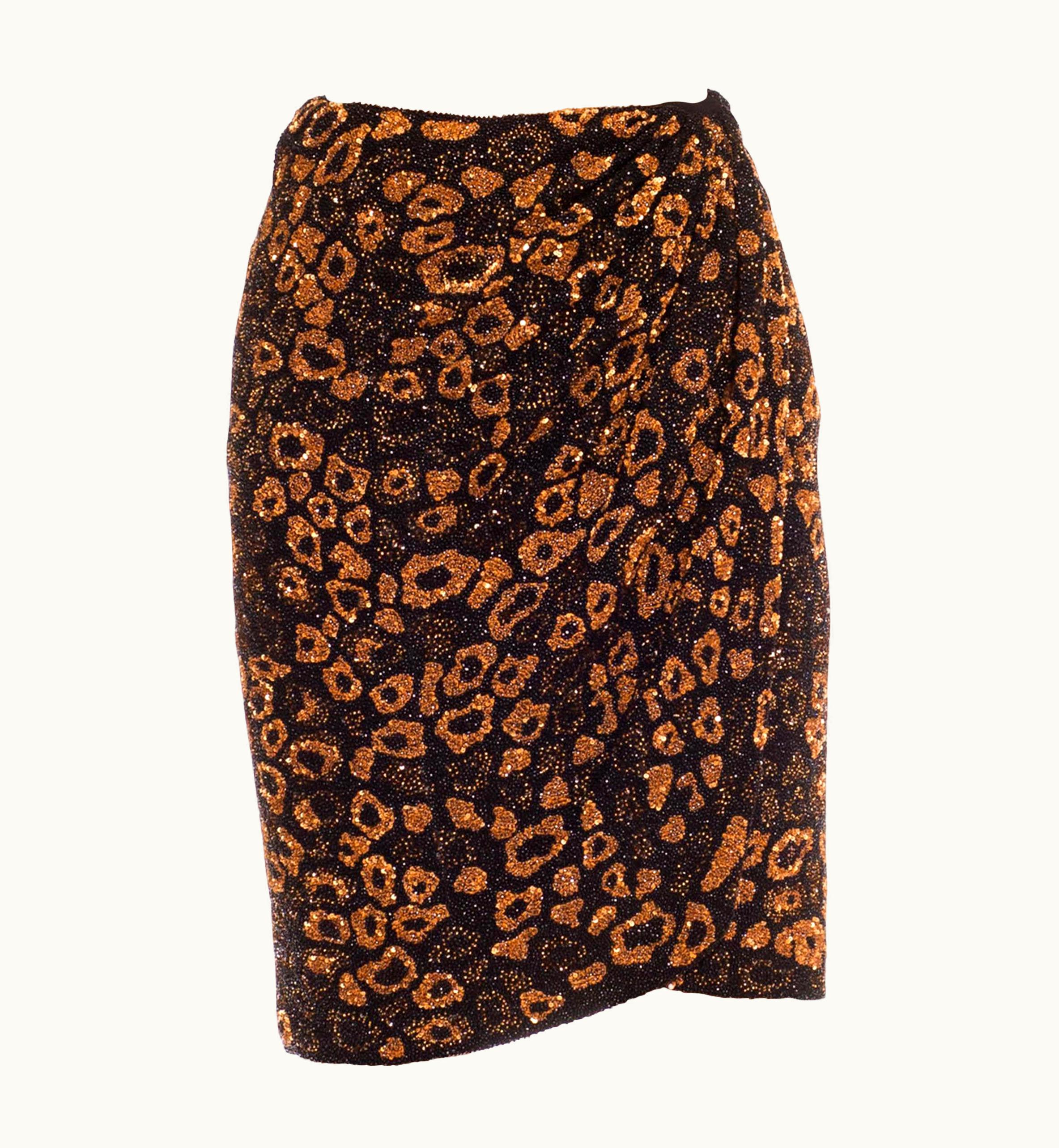 Valentino 1980s Valentino Leopard Print Black & Bronze Silk Chiffon Bead Encrusted Wrap