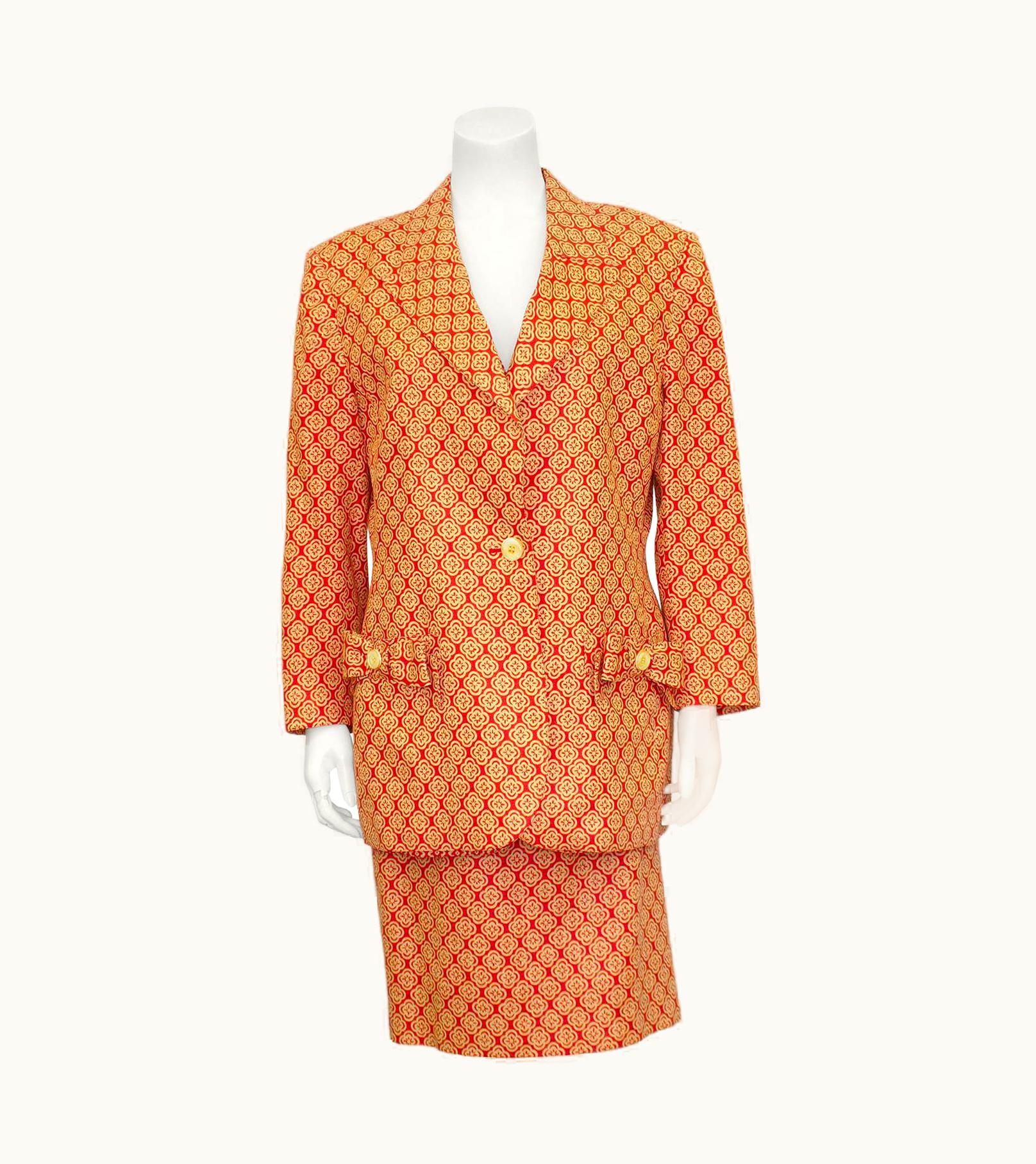 Valentino 1980s Valentino Orange And Beige Floral Printed 3 Piece Skirt Suit