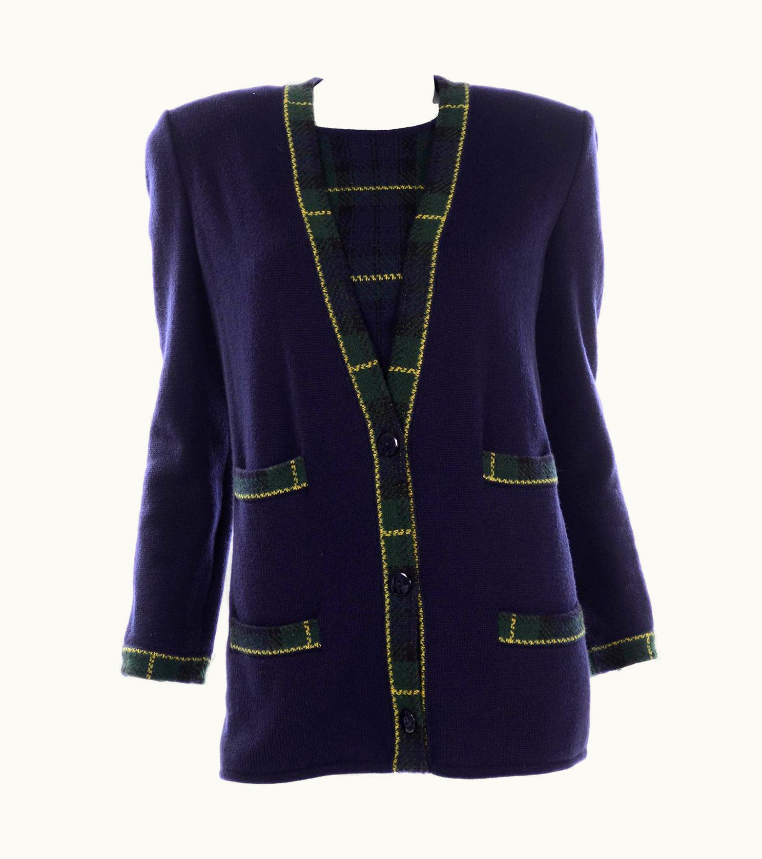 Valentino Valentino 2pc Vintage Long Sleeve Top & Cardigan Sweater In Blue & Green Plaid