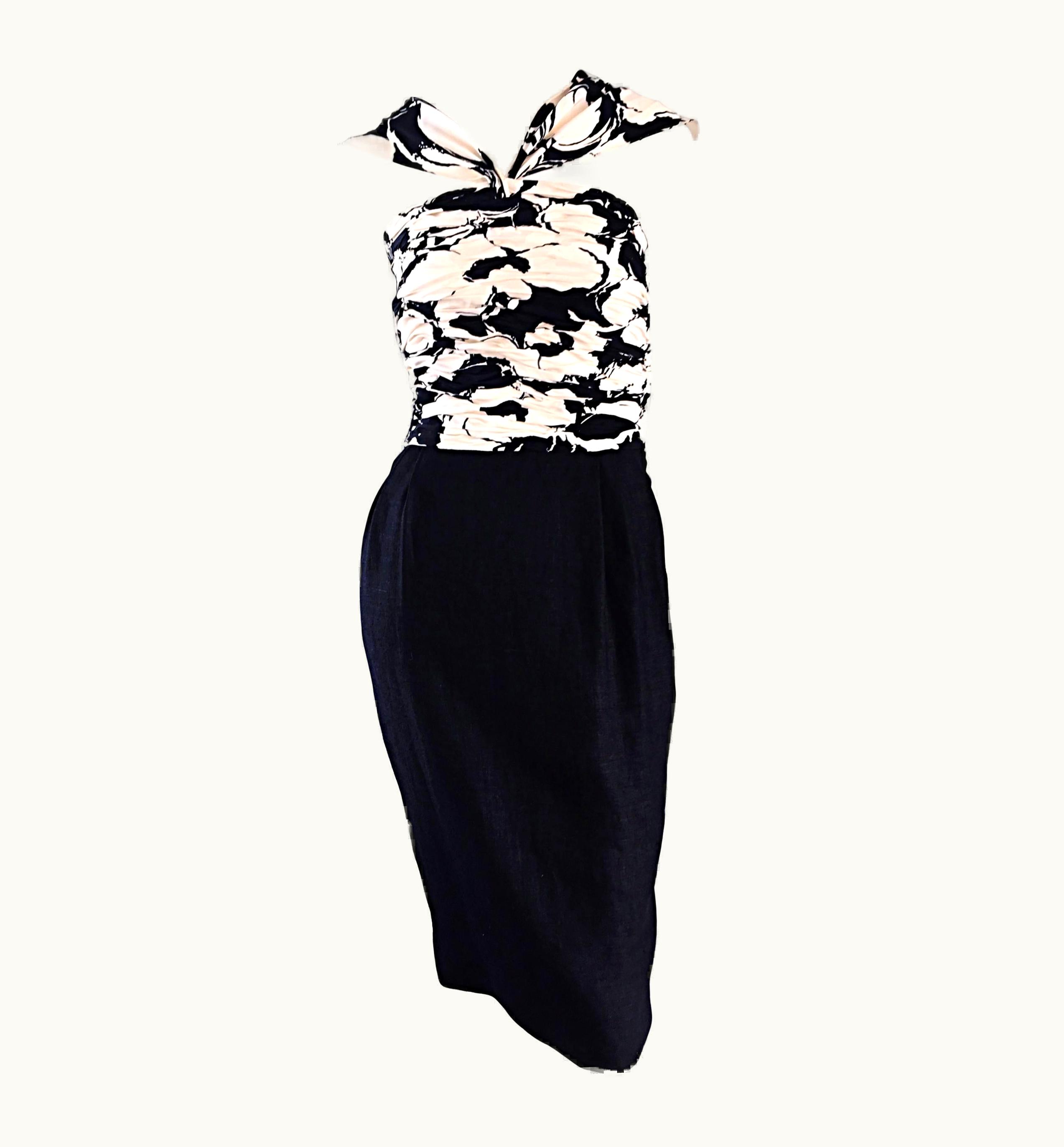 Valentino Valentino Vintage 1990s Black And White Silk Ruched Op - Art Floral Halter Dress