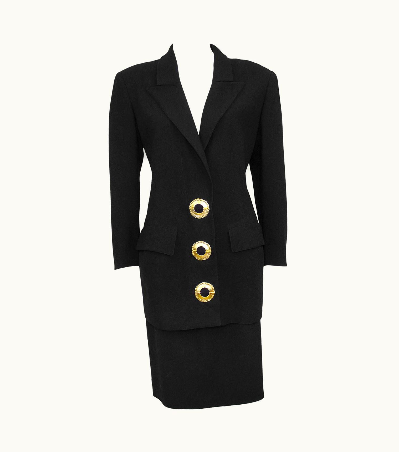 Valentino 1980s Valentino Black Skirt Suit With Sliced Back And Large Gold Buttons