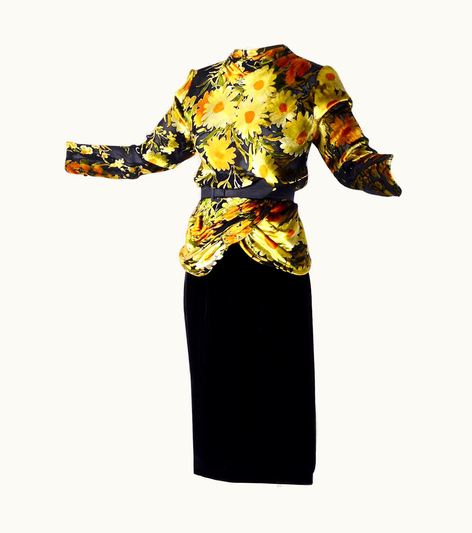 Valentino Valentino Vintage 2 Piece Dress Yellow Burn Out Velvet Top & Black Velvet Skirt