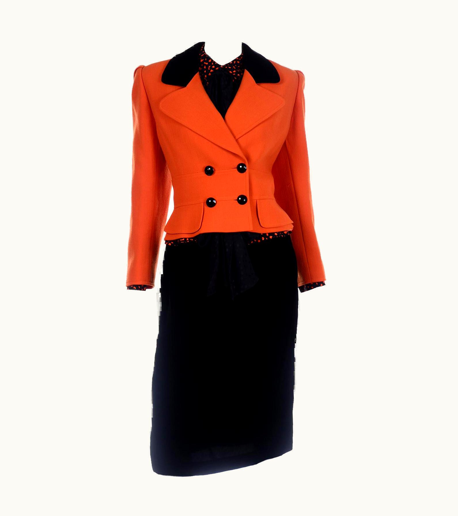 Valentino Vintage Valentino 3pc Orange Jacket Black Velvet Skirt & Silk Bow Blouse Suit