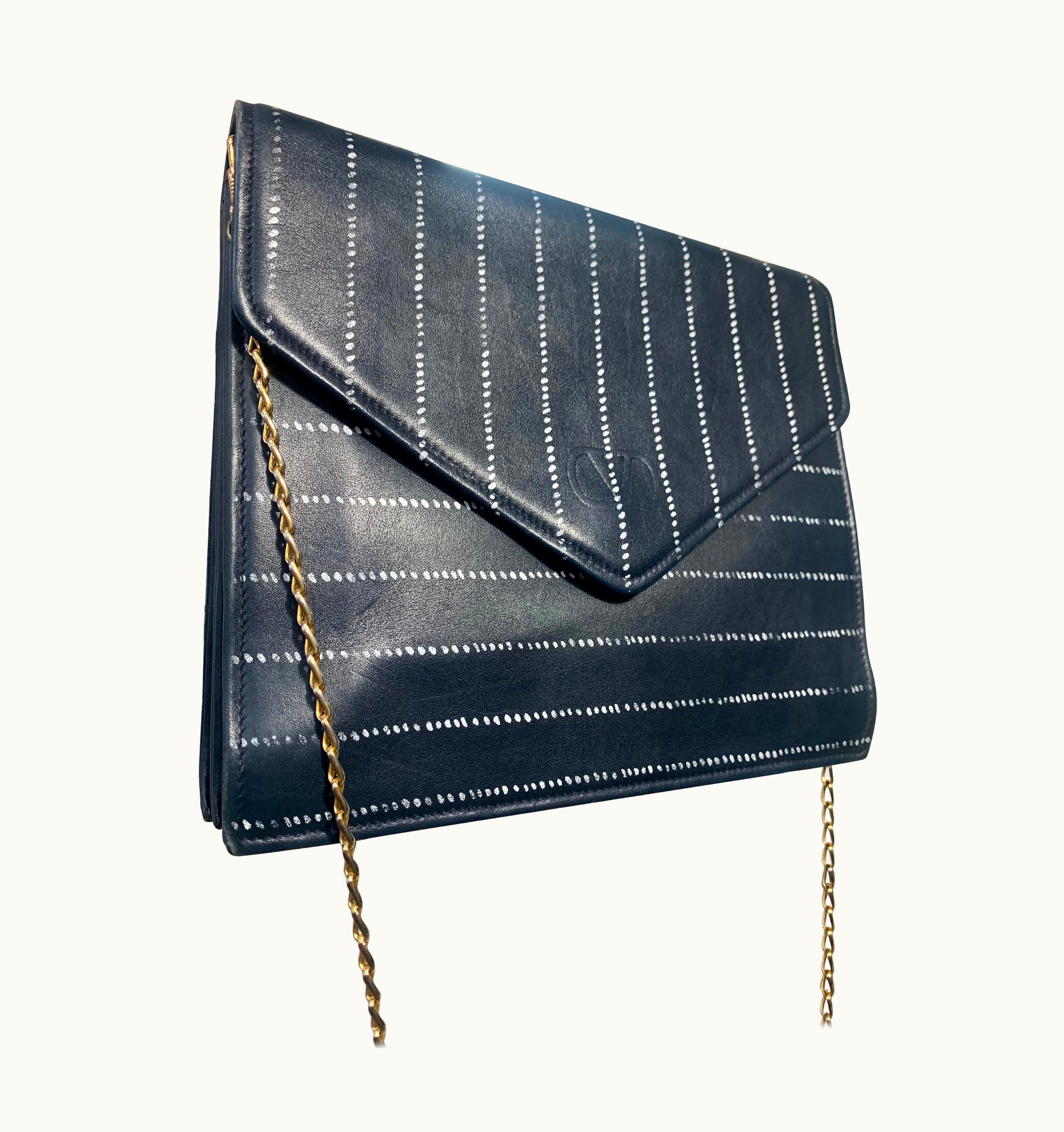 Valentino 1980s Valentino Navy Lambskin Envelope Convertible Clutch W Pinstripe Detail