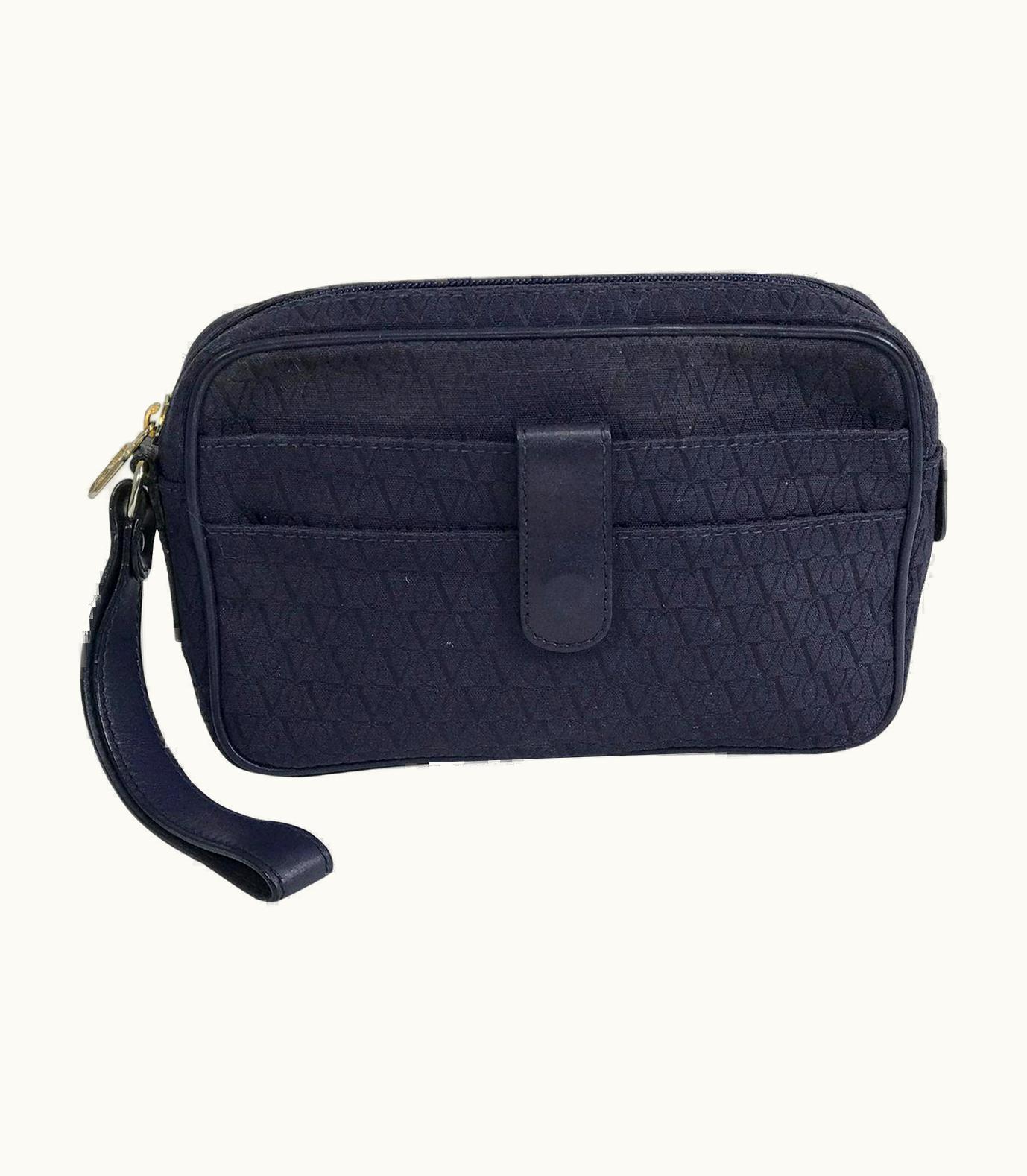 Valentino Vintage Valentino Garavani Navy Zipper And Strap Logo Clutch 1980s