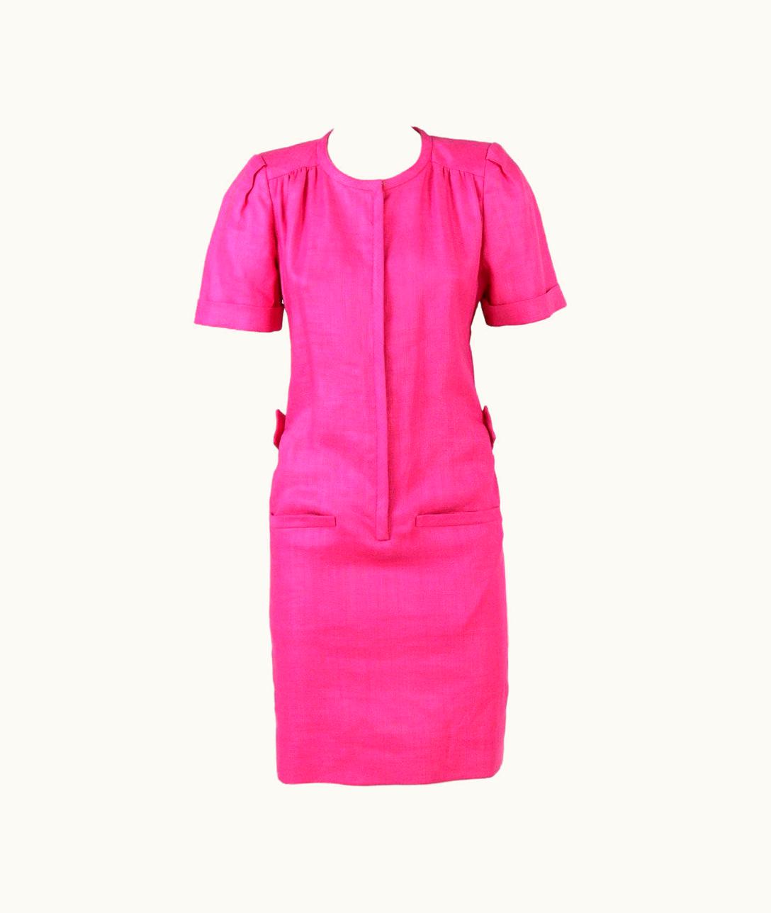 Valentino 80s Valentino Couture Fuchsia Linen Dress With Rear Cut-out Embroideries