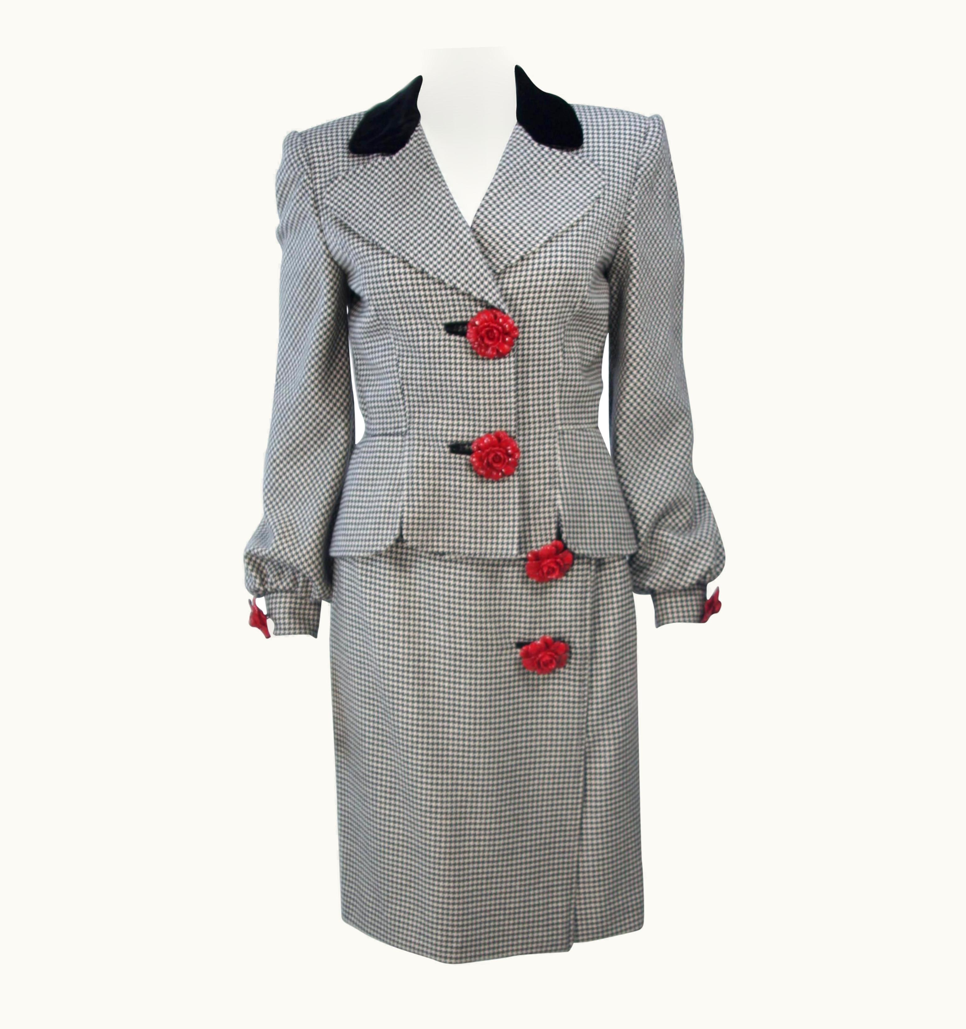 Valentino Valentino 1980' Rose Button Black And White Houndstooth Skirt Suit