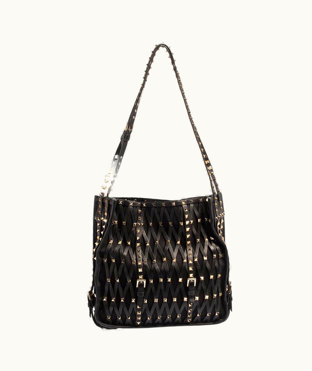 Valentino Valentino Black Leather And Mesh Stud Embellished Tote