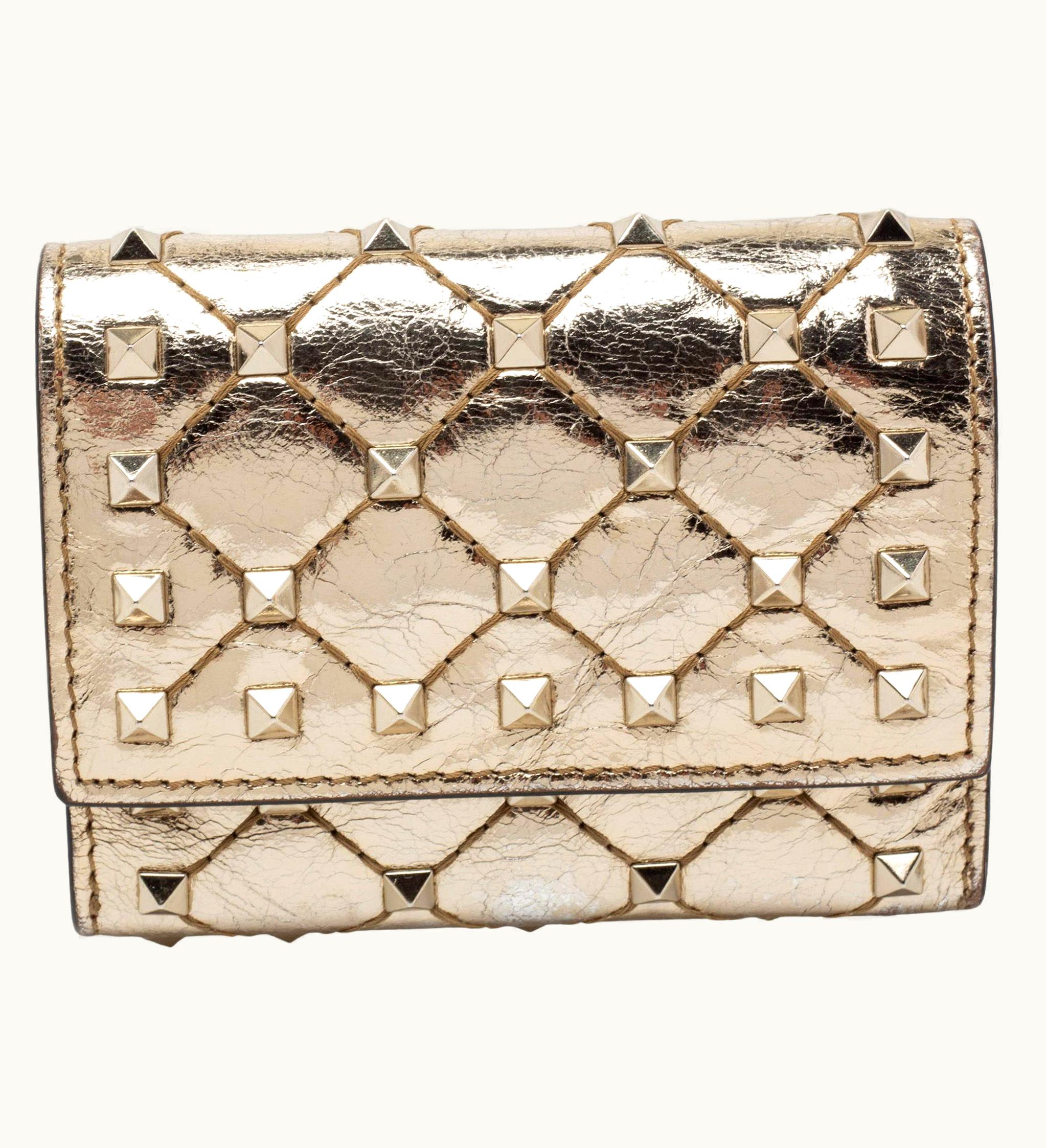 Valentino Valentino Gold Patent Leather Rockstud Spike Compact Wallet