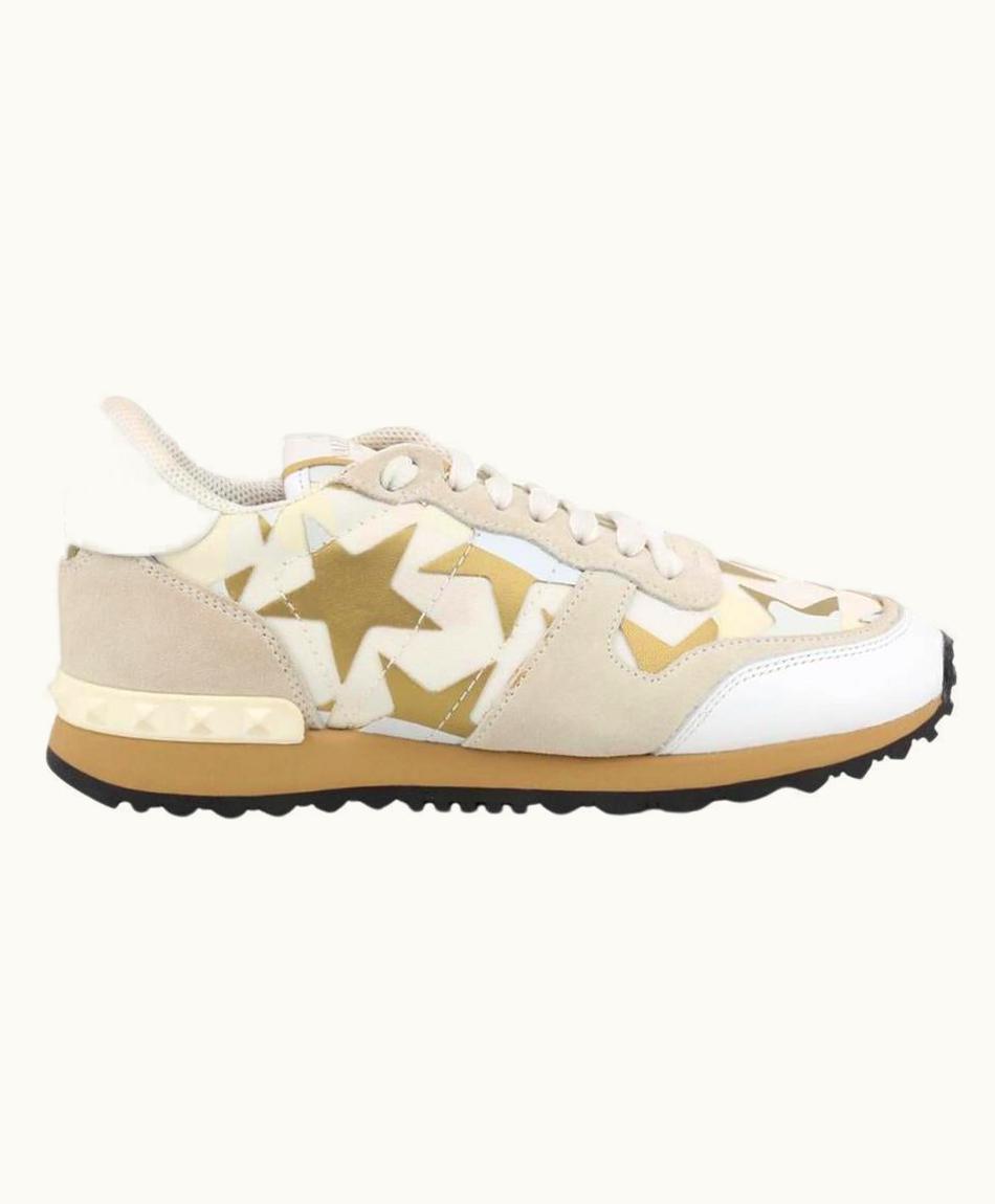 Valentino Valentino White Brown Star Studded Leather Rubber Sneaker