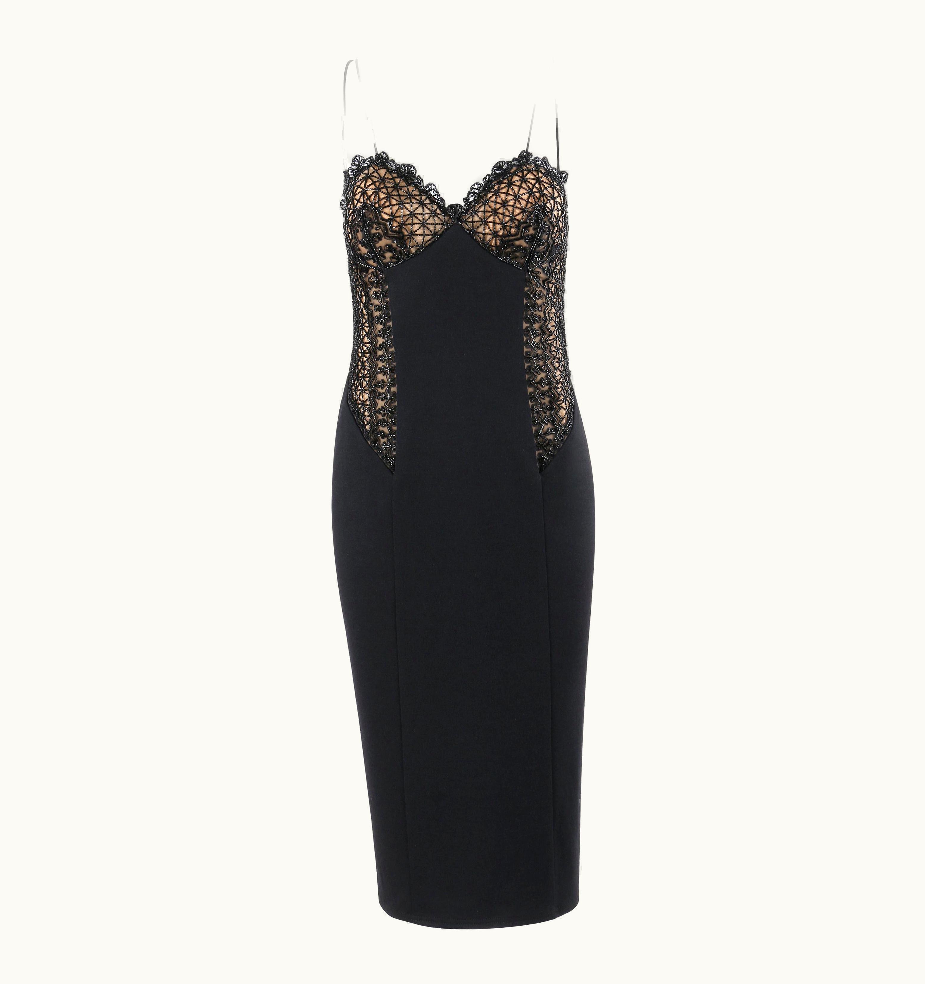 Valentino Valentino C.1990s Black Beaded Sheer Top Sweetheart Sleeveless Sheath Dress
