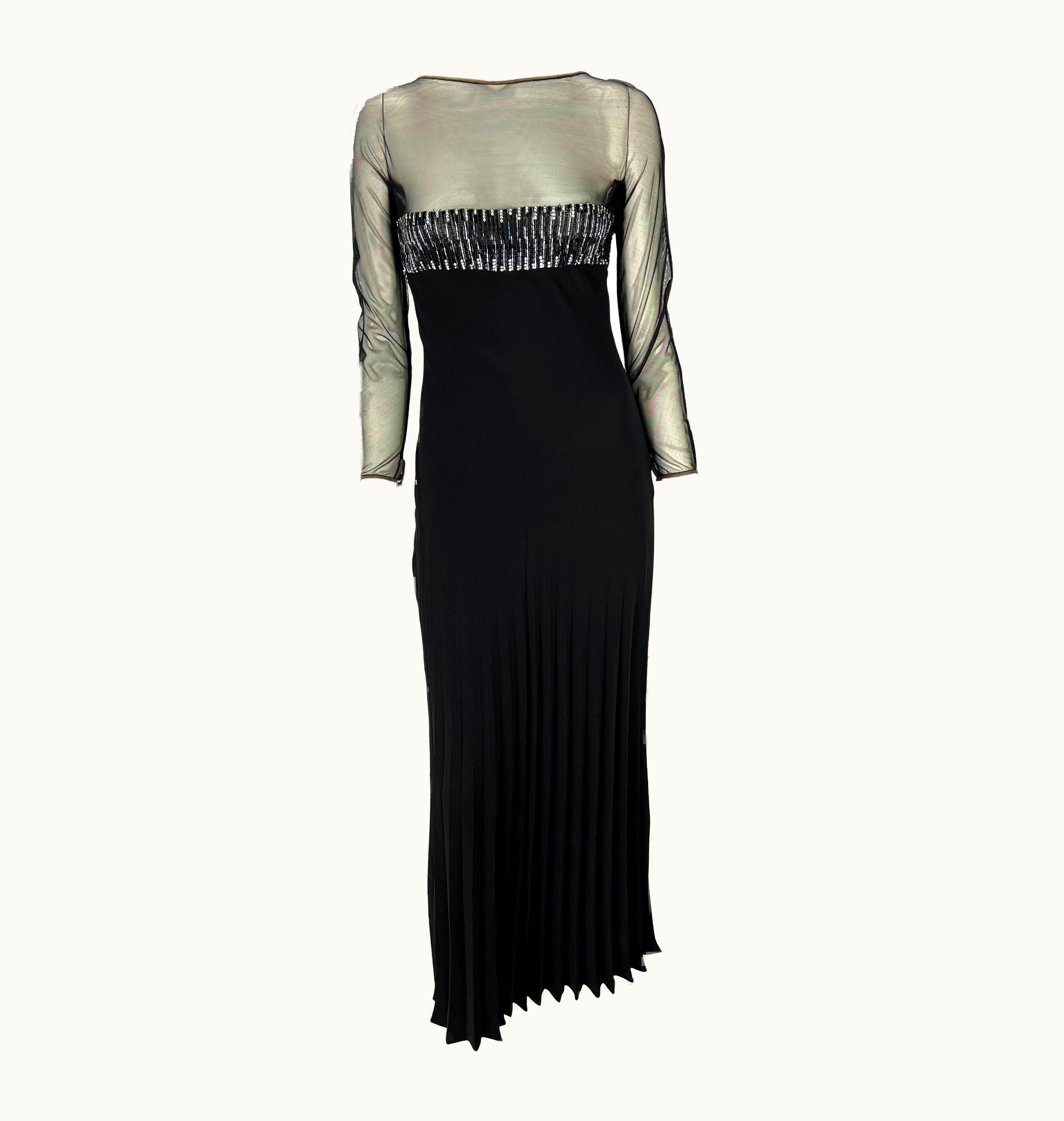 Valentino 1990s Valentino Garavani Rhinestone Black Beaded Sheer Accordion Pleat Gown