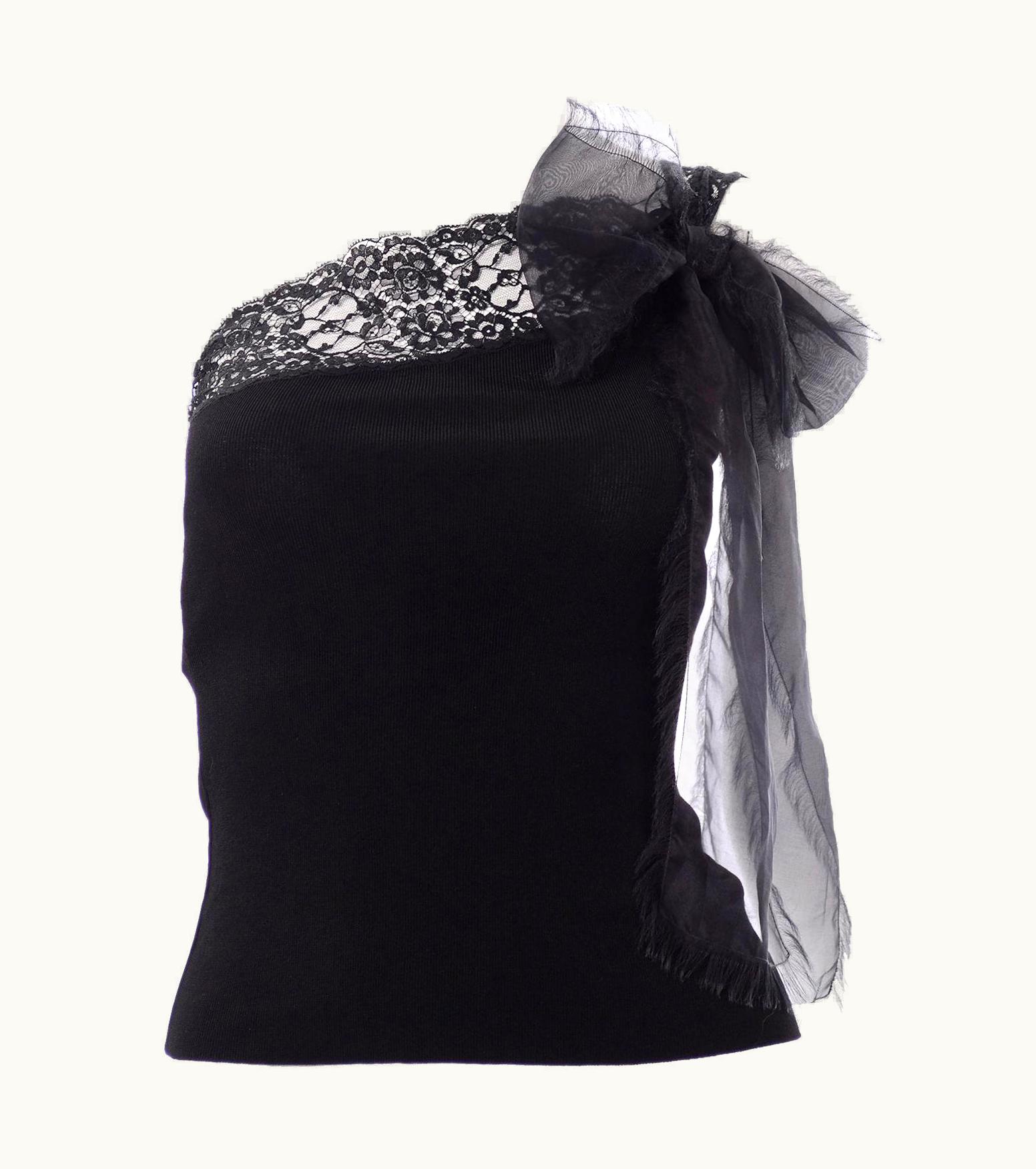 Valentino Deadstock Valentino Black Knit & Lace One Shoulder Top W Sash & Original Tags