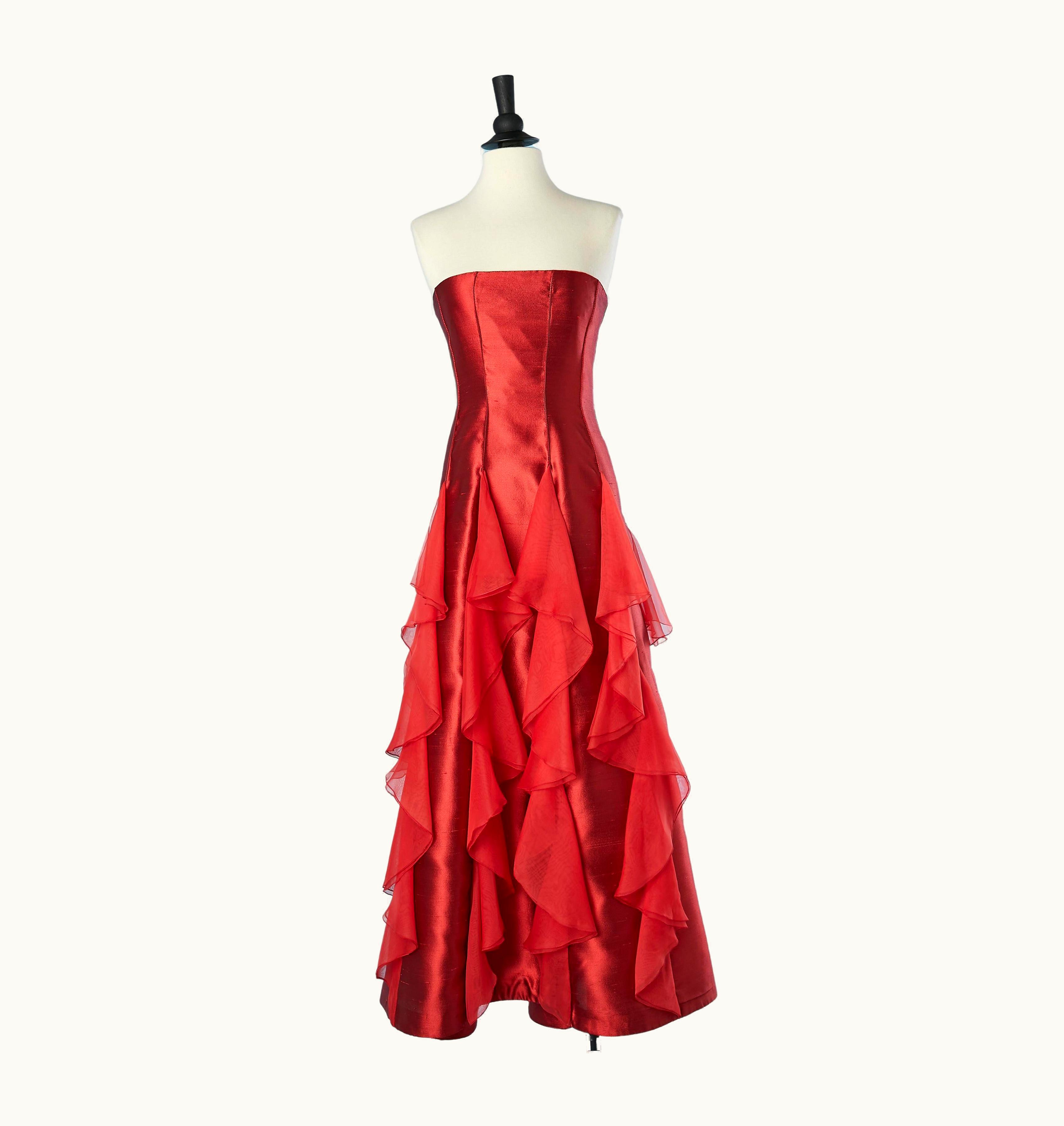 Valentino Red Silk Bustier Evening Dress With Silk Chiffon Ruffles Valentino Boutique