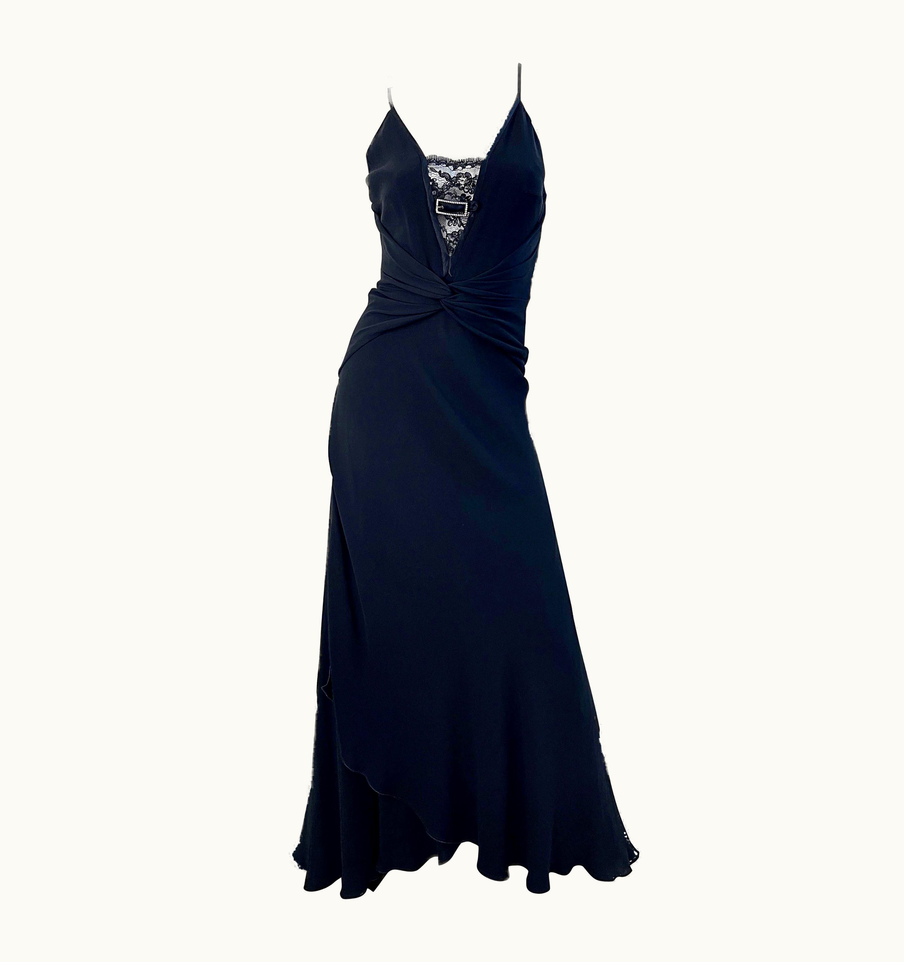 Valentino Valentino 2000s Black Silk Lace Cut-Out Sequin Evening Gown Dress