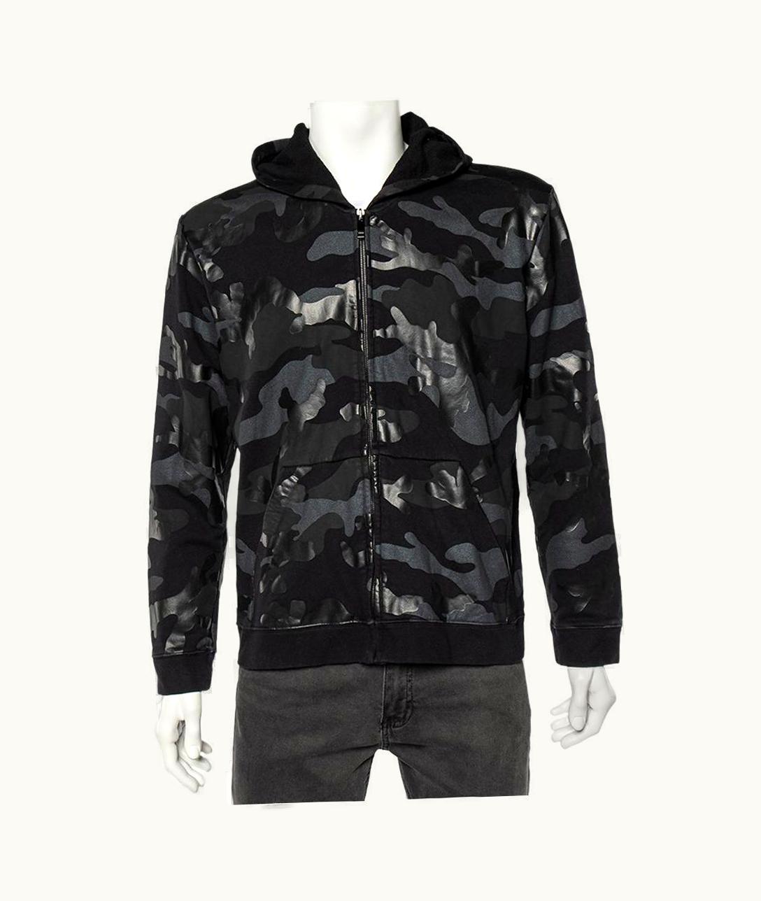 Valentino Valentino Black Camouflage Print Cotton Zip Up Hooded Sweatshirt UZ0611590