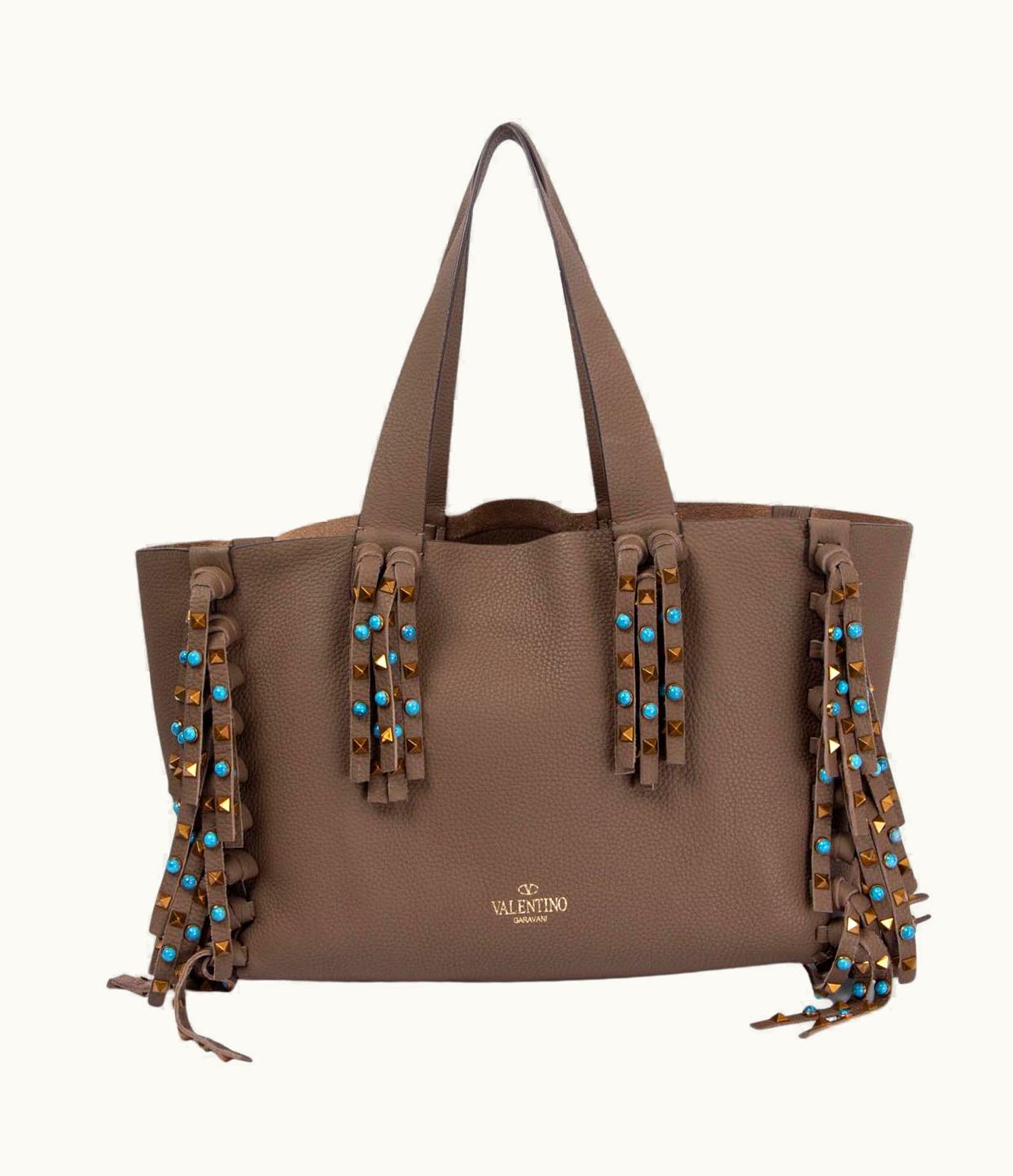 Valentino Valentino Olive Drab Leather C-rockee Studded Fringe Tote Shopper Bag