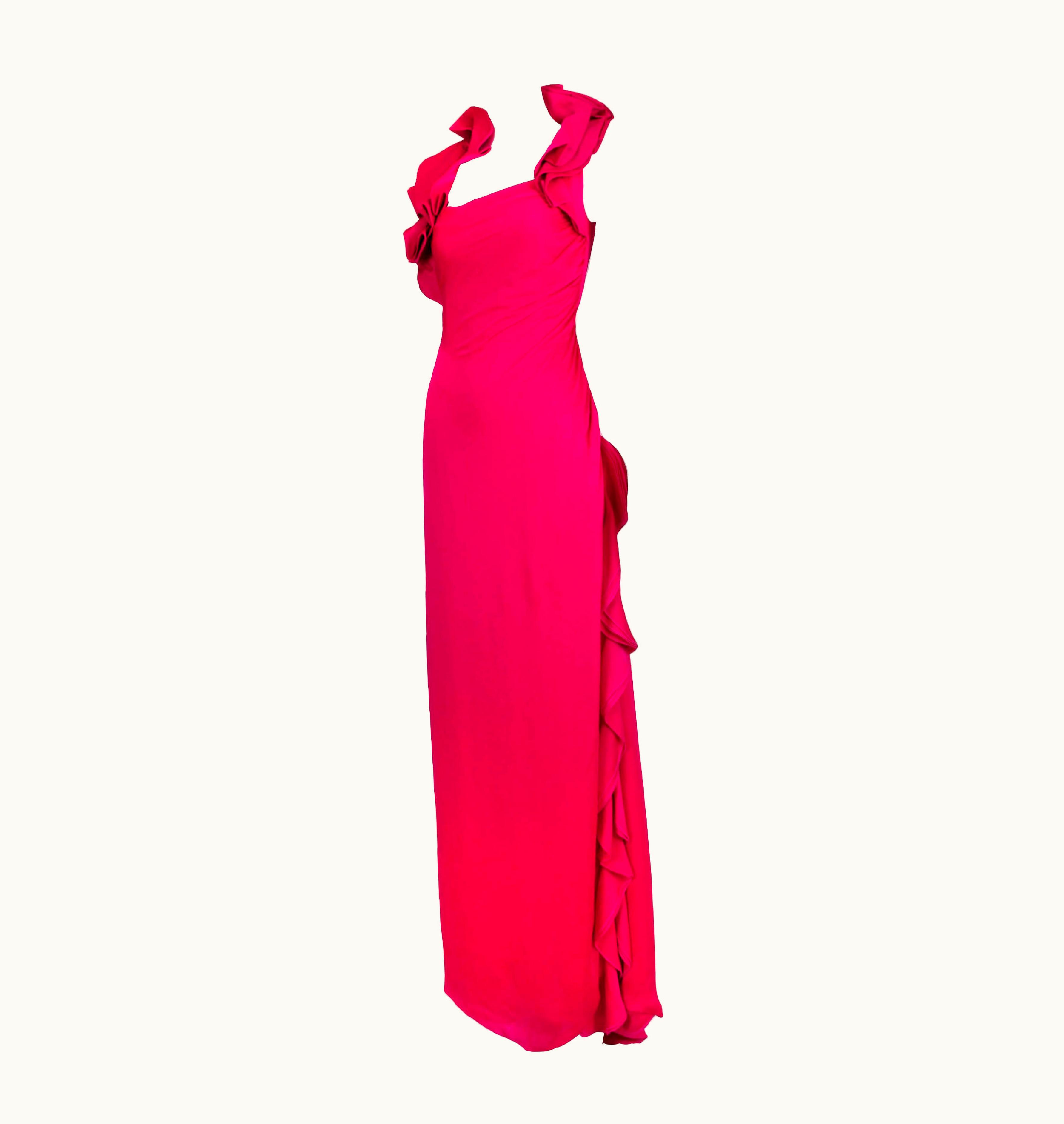 Valentino Valentino Fuchsia Silk Evening Gown Dress w/Asymmetric Collar & Ruffled Detail