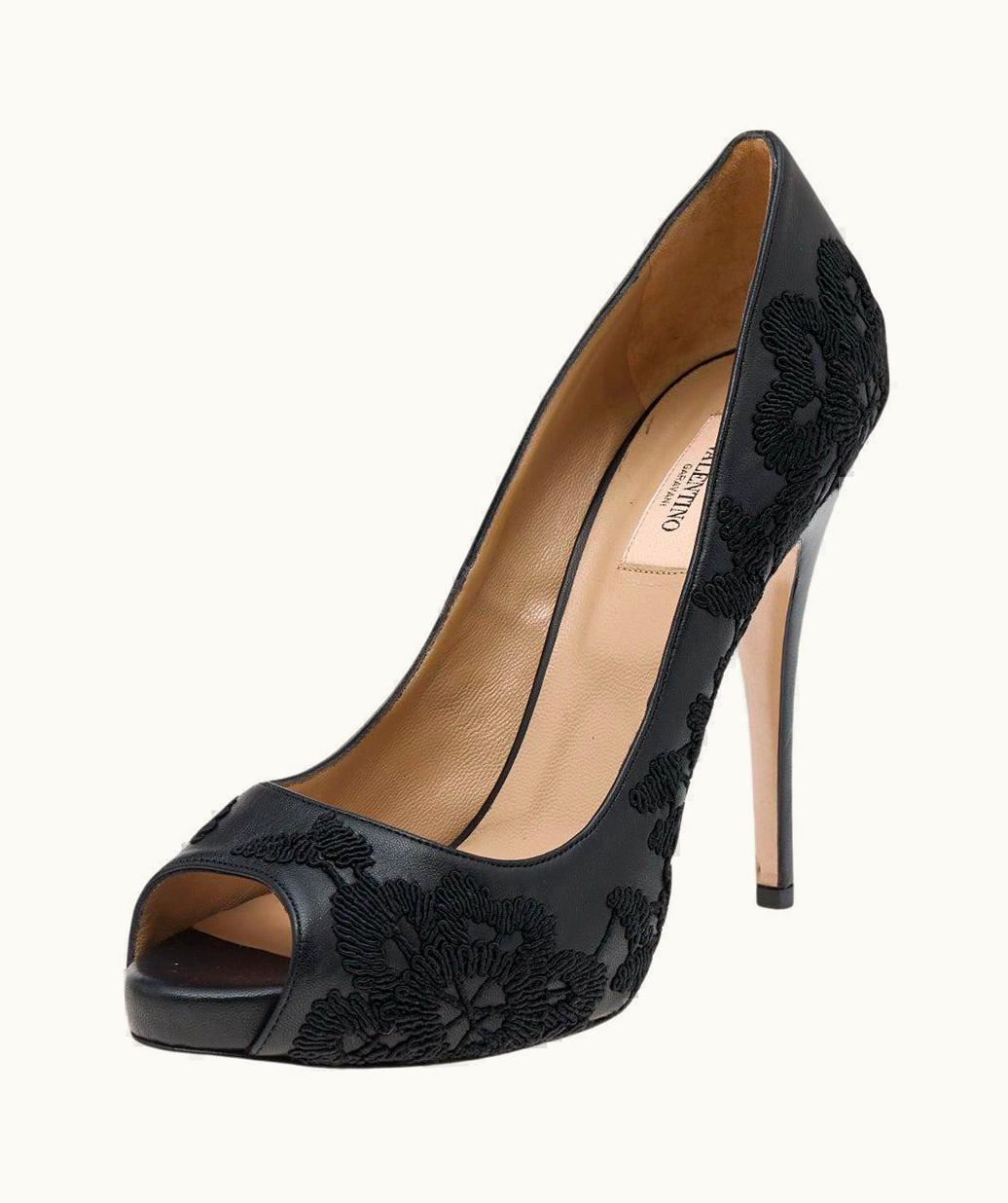 Valentino Valentino Black Leather Embroidered Peep Toe Platform Pumps