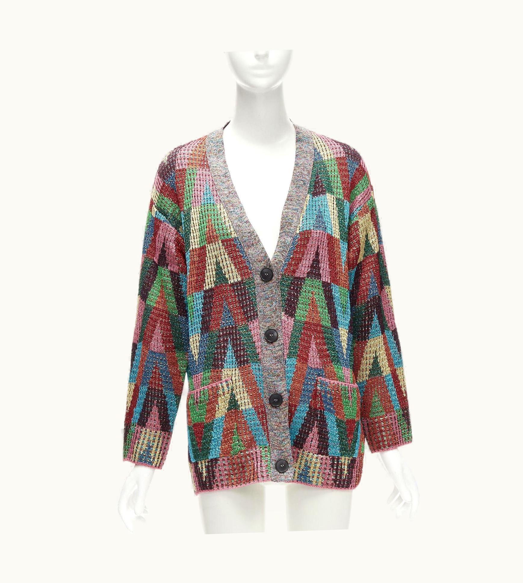 Valentino Valentino V Optical Rainbow Metallic Lurex Graphic Oversized Cardigan
