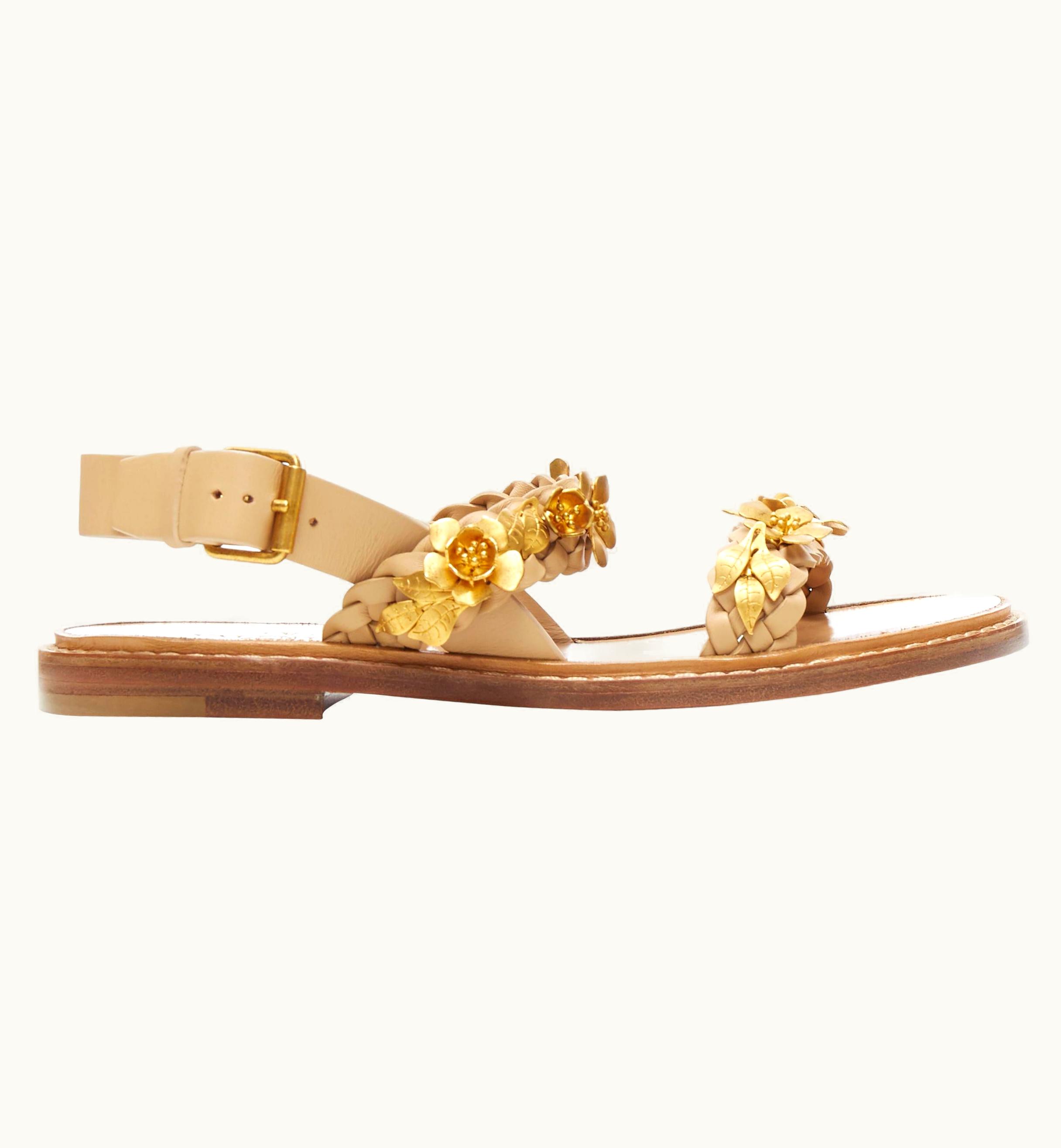 Valentino Valentino Tan Brown Braided Gold Metal Flower Embellished Sandals