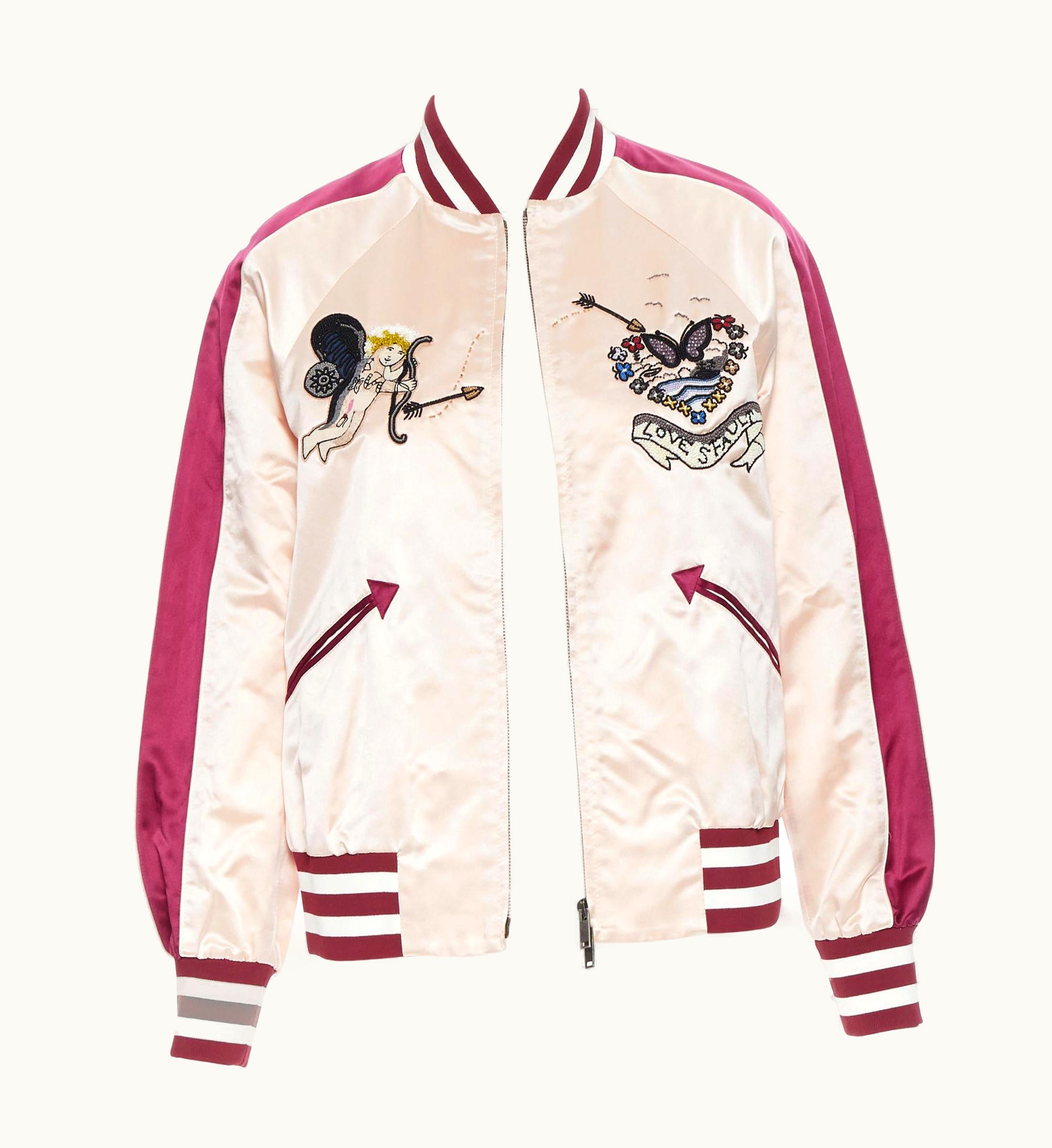 Valentino Valentino Love Fault Cupid Bead Embroidered Pink Burgundy Satin Bomber